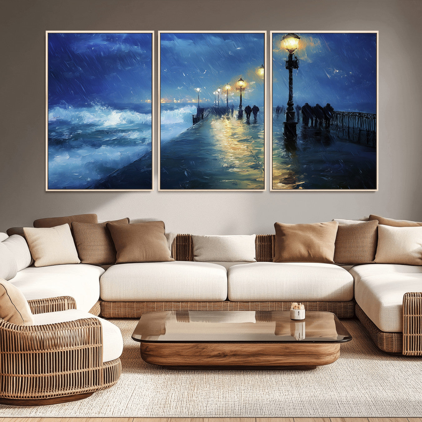 76572-MGV-CV-36X24-Abstract Stormy Ocean Pier Canvas Wall Art Print | Stormy Ocean Art | Large Moody Night Scene Print,