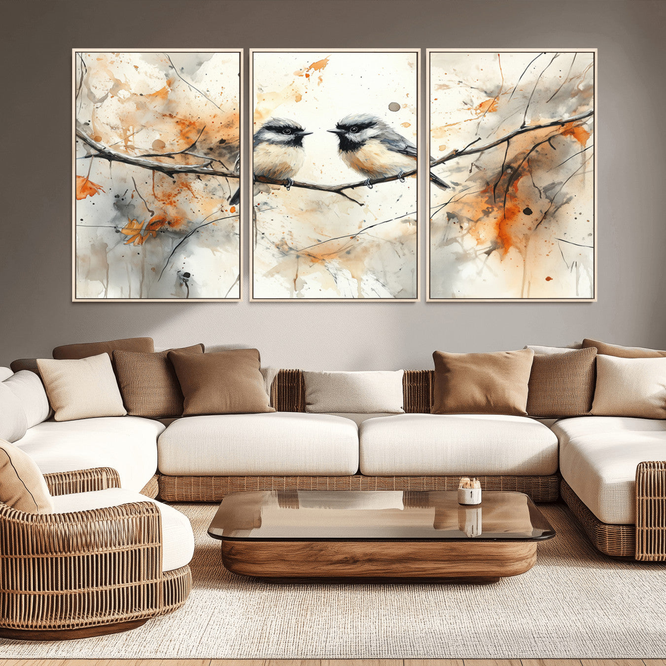98244-MGV-CV-48X32-3P-Beautiful Birds Wall Art – Framed Watercolor Branch Canvas Artwork, Elegant Nature Design, Vibrant Decor for Home, Office