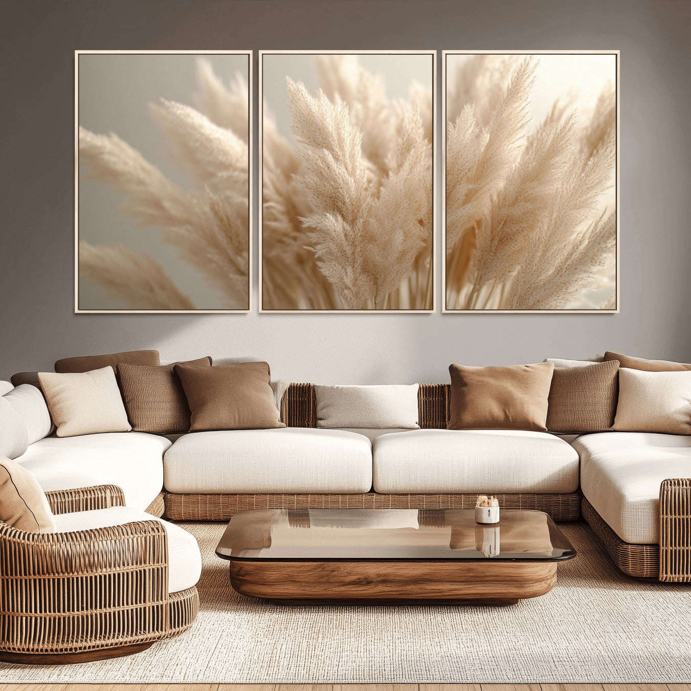 -Pampas Grass Canvas Wall Art - Elegant Neutral Decor for Living Room, Boho Minimalist Artwork, Ready