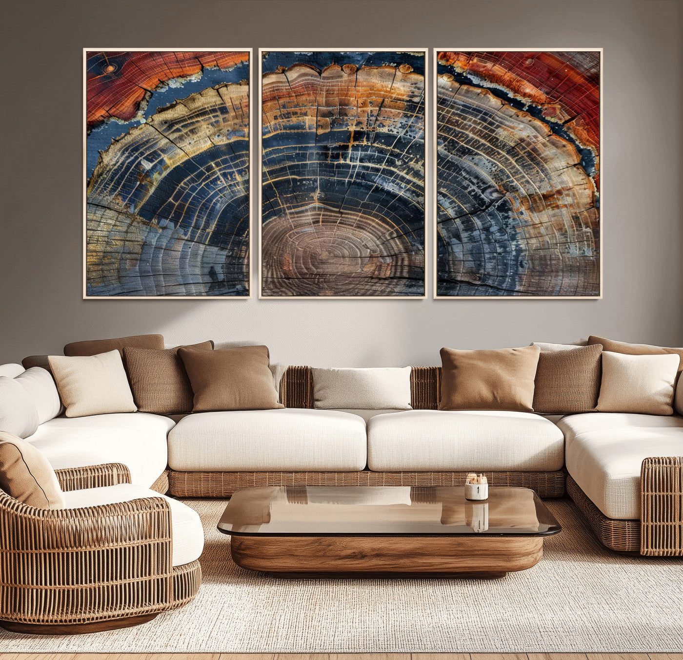 MGV-FC-60X30-3P - Abstract Tree Ring Wall Art, Colorful Framed Tree Ring Wall Decor, Minimalist Home Canvas Art,