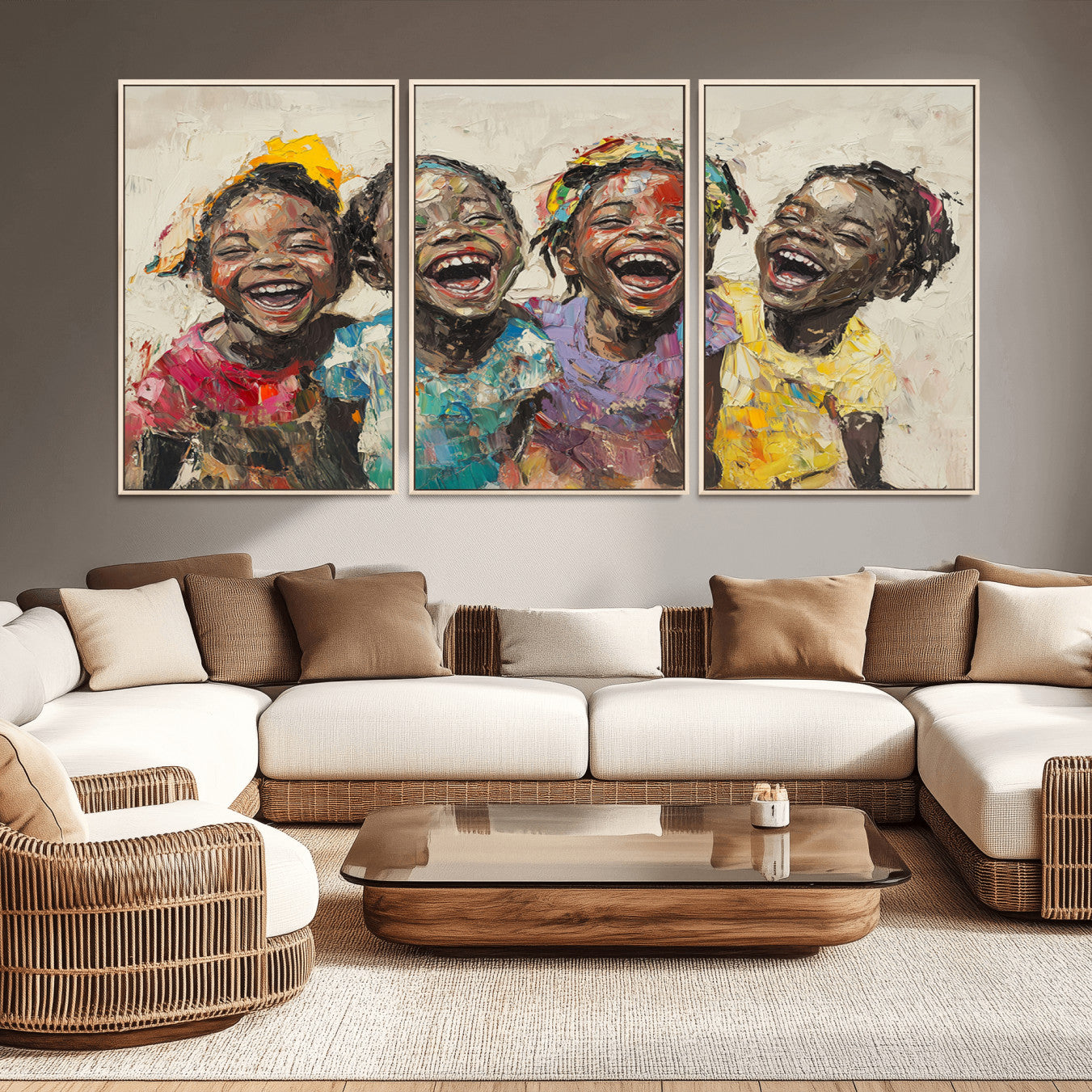 93034-MGV-CV-36X24-Shai Yossef style Joyful Childhood Canvas Wall Art - Expressive Impasto Painting of Black Children