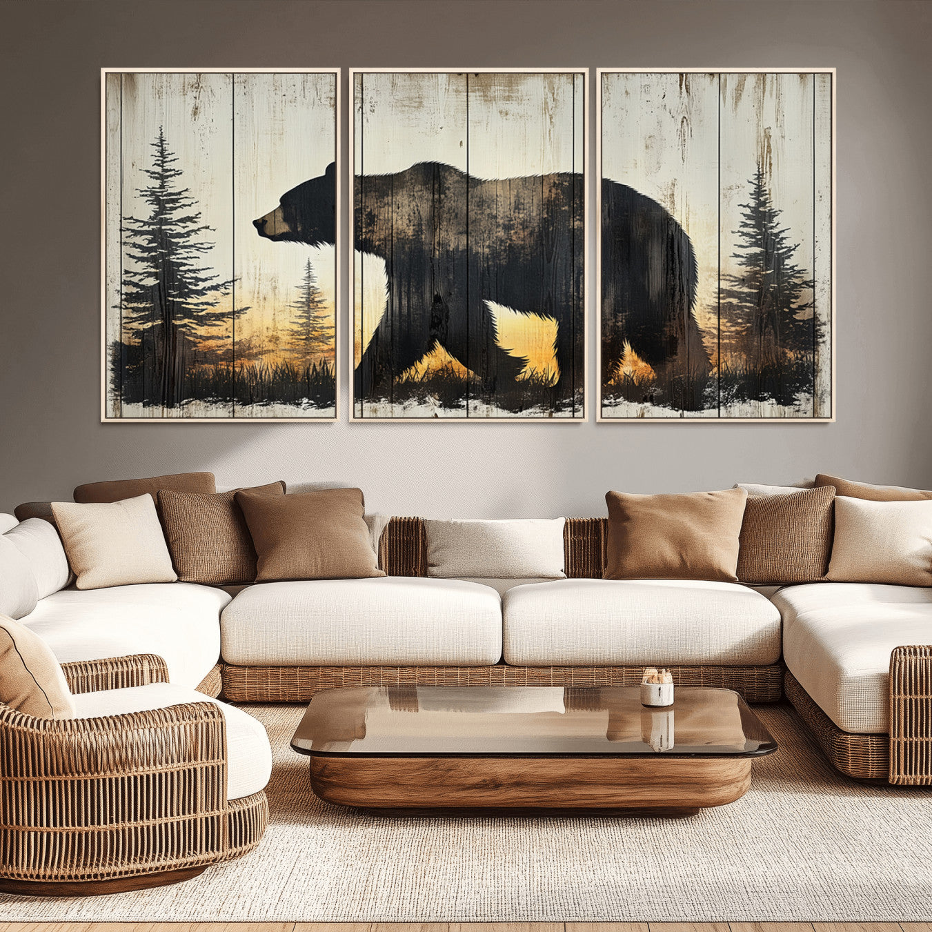 83875-MGV-CV-36X24-Vintage Bear Wall Art Canvas Print for Farmhouse - Mountain Wood Canvas Wall Art - Forest Silhouette