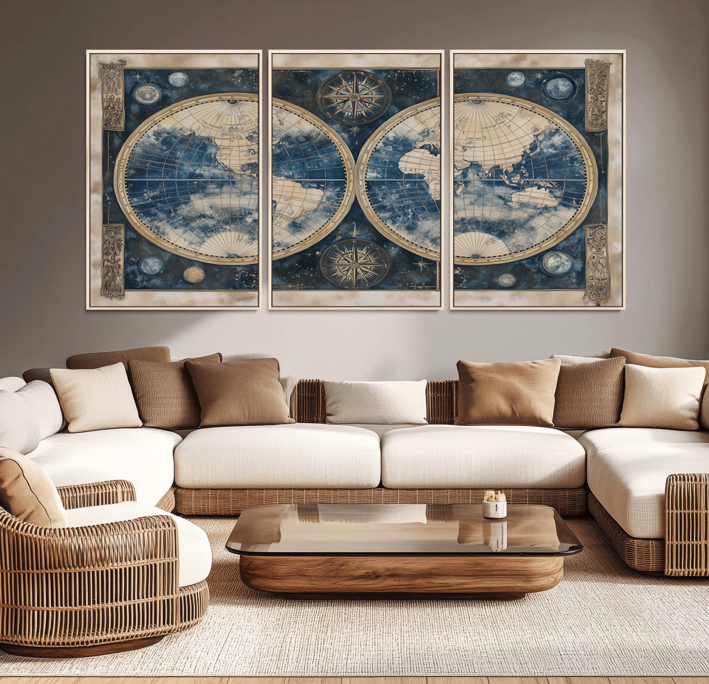 46473-MGV-CV-36X24-Framed Vintage Blue World Map Canvas Print – Antique Double Hemisphere Wall Art for Home and Office Decor, Classic Explorer Map Artwork