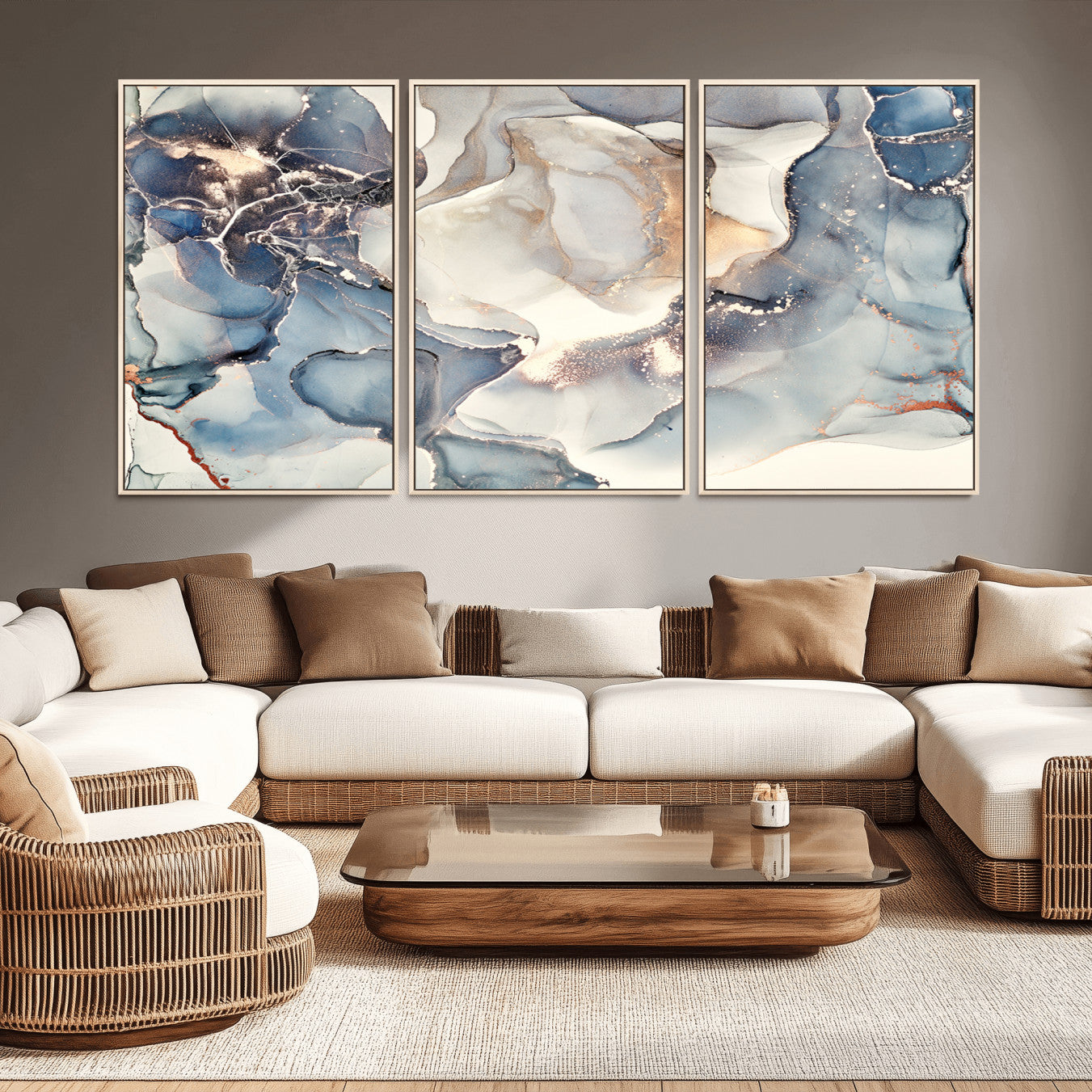 51497-MGV-CV-36X24-Abstract Blue and Gold Canvas Wall Art - Fluid Modern Ink Artwork - Modern Luxury Wall Decor for