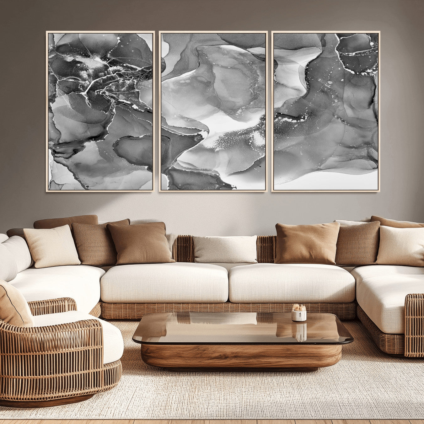 15911-MGV-FC-60X30-3P_Natural-Black White Abstract Canvas Wall Art - Fluid Ink Artwork - Modern Luxury Wall Decor for Contemporary