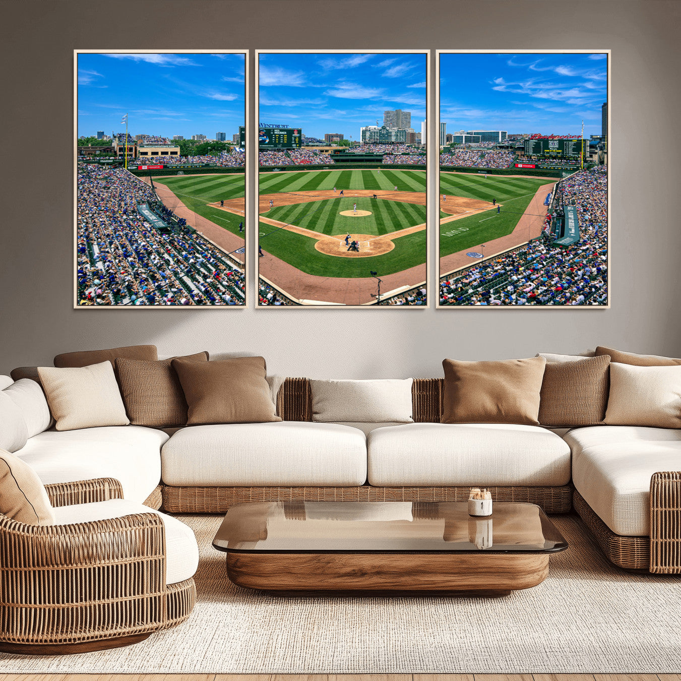 26064-MGV-CV-36X24-Wrigley Field Chicago Cubs Wall Art Canvas Print Framed Panoramic Multi-Piece Iconic Baseball Stadium Artwork for Home, Office