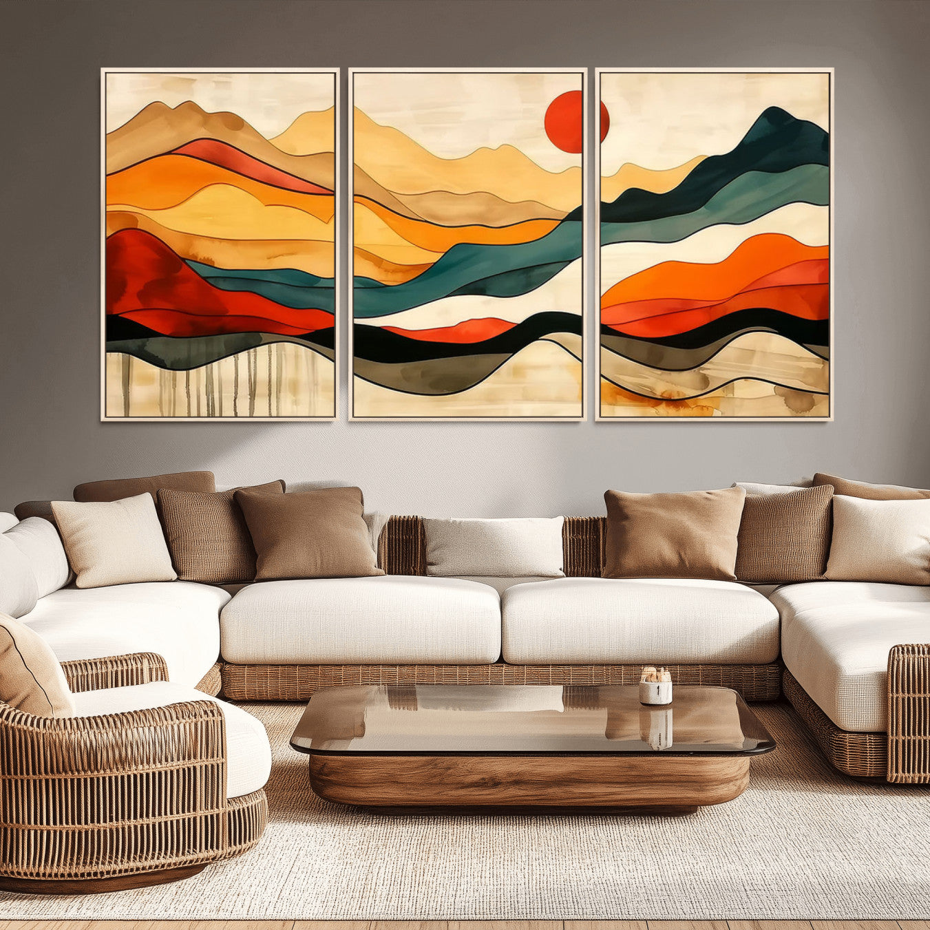 A vibrant abstract landscape featuring layered hills in rich earth tones with a striking red sun, evoking warmth and movement in a minimalist style.
