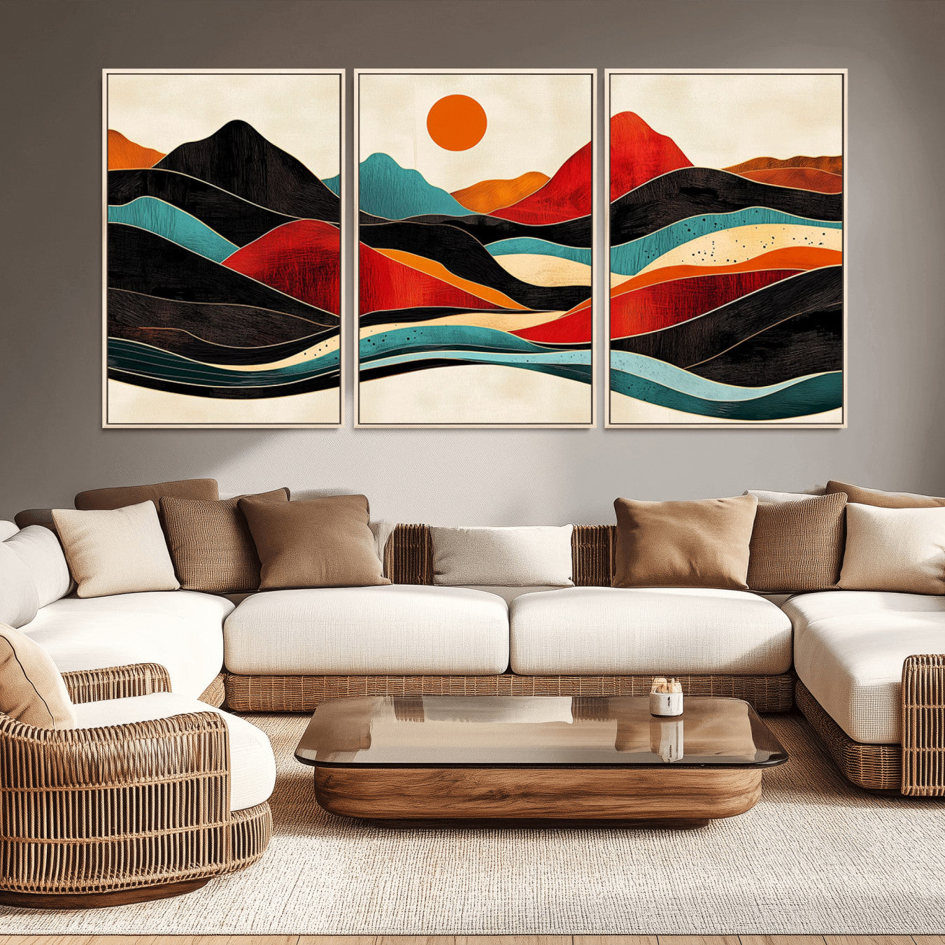 -Western Wall Decor - Large Triptych Mountain Canvas - Boho Woodland Wall Art Print - Framed
