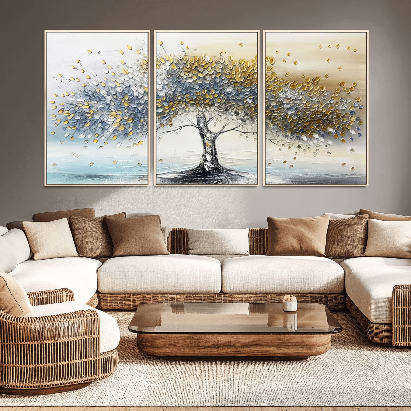 An elegant impasto painting featuring a tree with shimmering silver and gold leaves, blending soft pastels to create a calm and sophisticated atmosphere.
