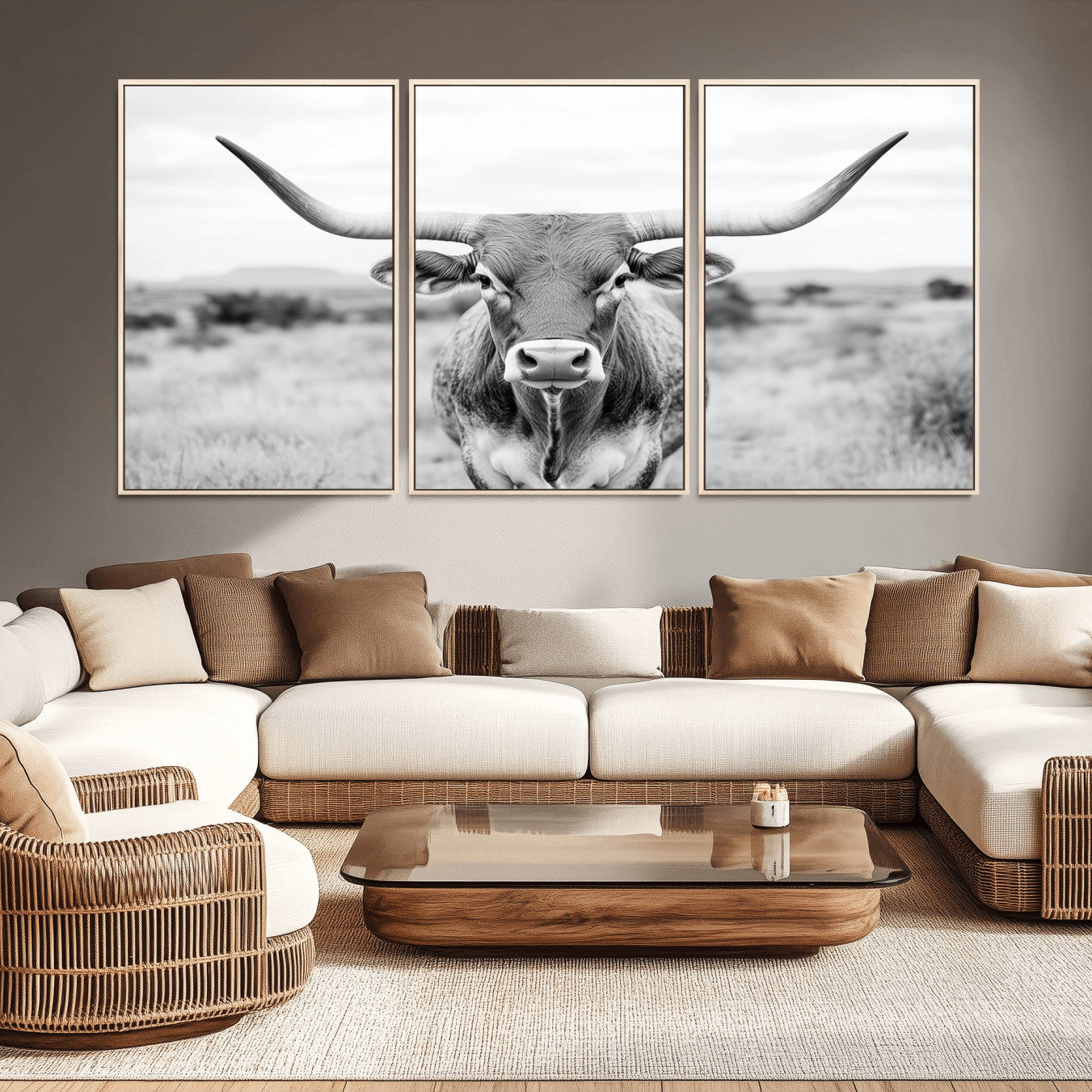 -Highland Cow Wall Art Print - Black and White Texas Western Longhorn Canvas - Farmhouse Decor Print