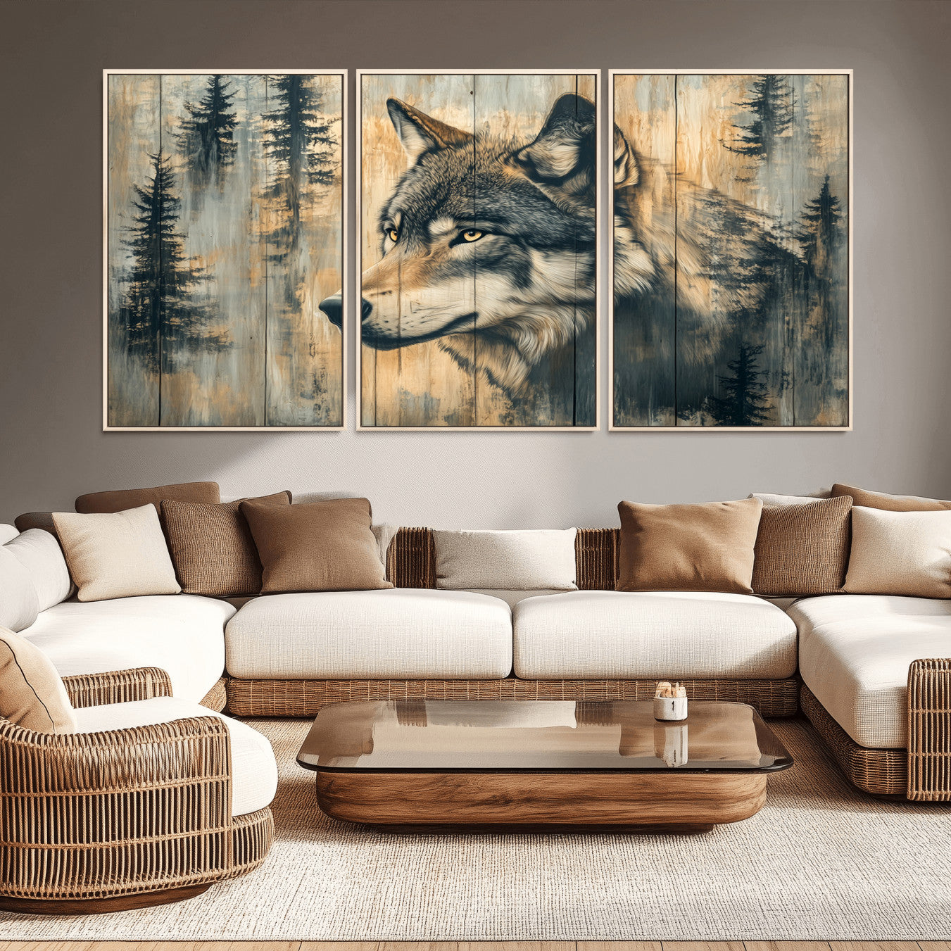 -Wood Style Rustic Wolf Wall Art Canvas Print, Vintage Woodland Wolf Wall Art, Framed Wood Style Wolf