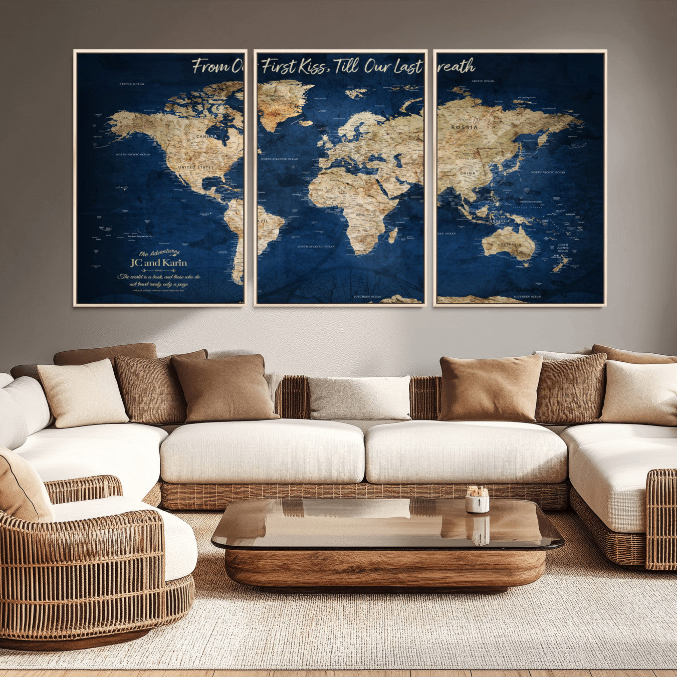-Personalized Push Pin World Map Canvas Print – Custom Couple Travel Tracker Wall Art, Framed Anniversary Gift for Home Decor