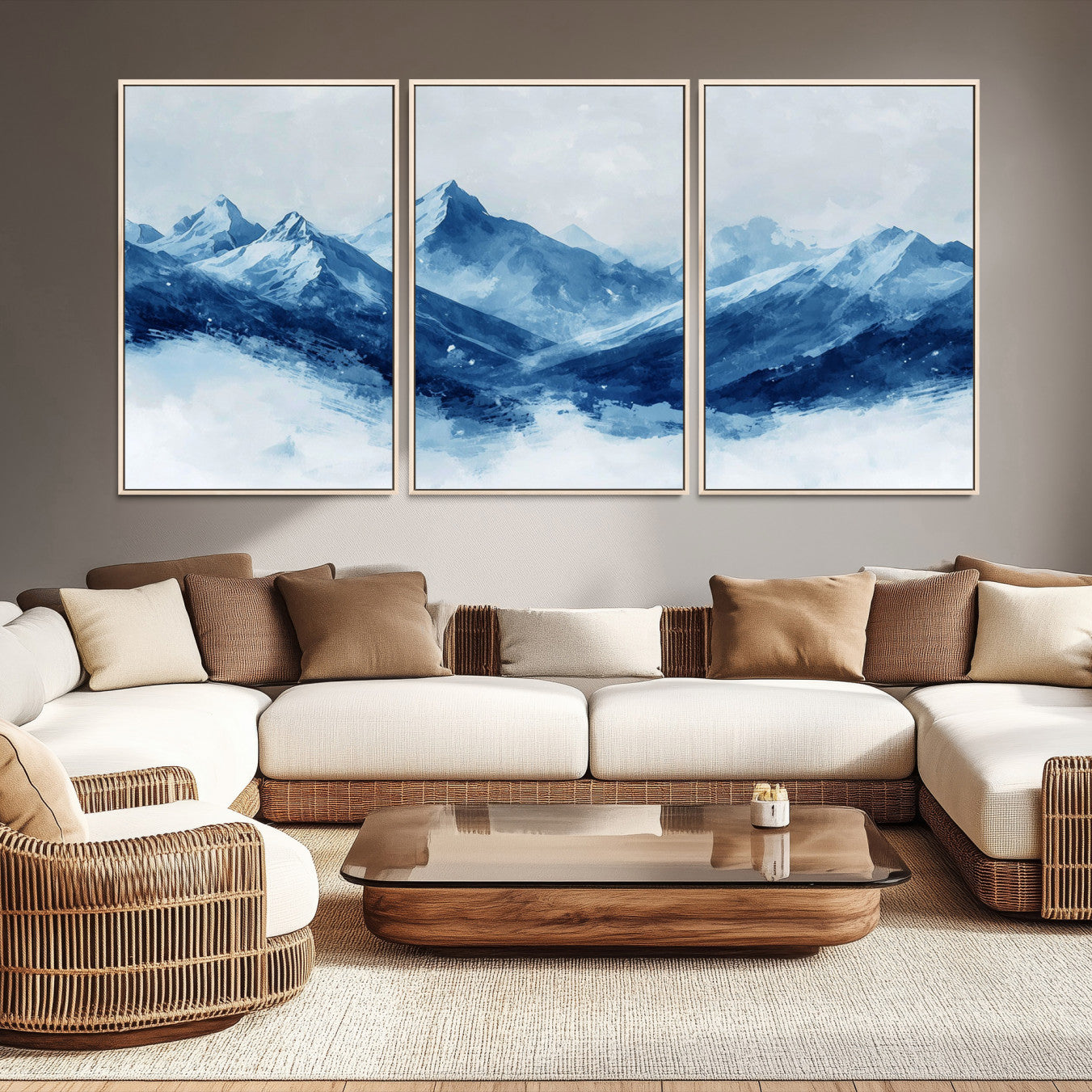 Peaceful watercolor-style painting of snowy blue mountains in soft tones, perfect for winter-themed or minimalist wall decor.