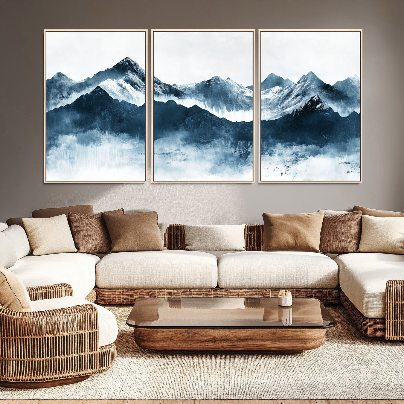 Abstract blue-toned canvas of snowy mountains in misty tones, ideal for minimalist or moody alpine-inspired home decor.