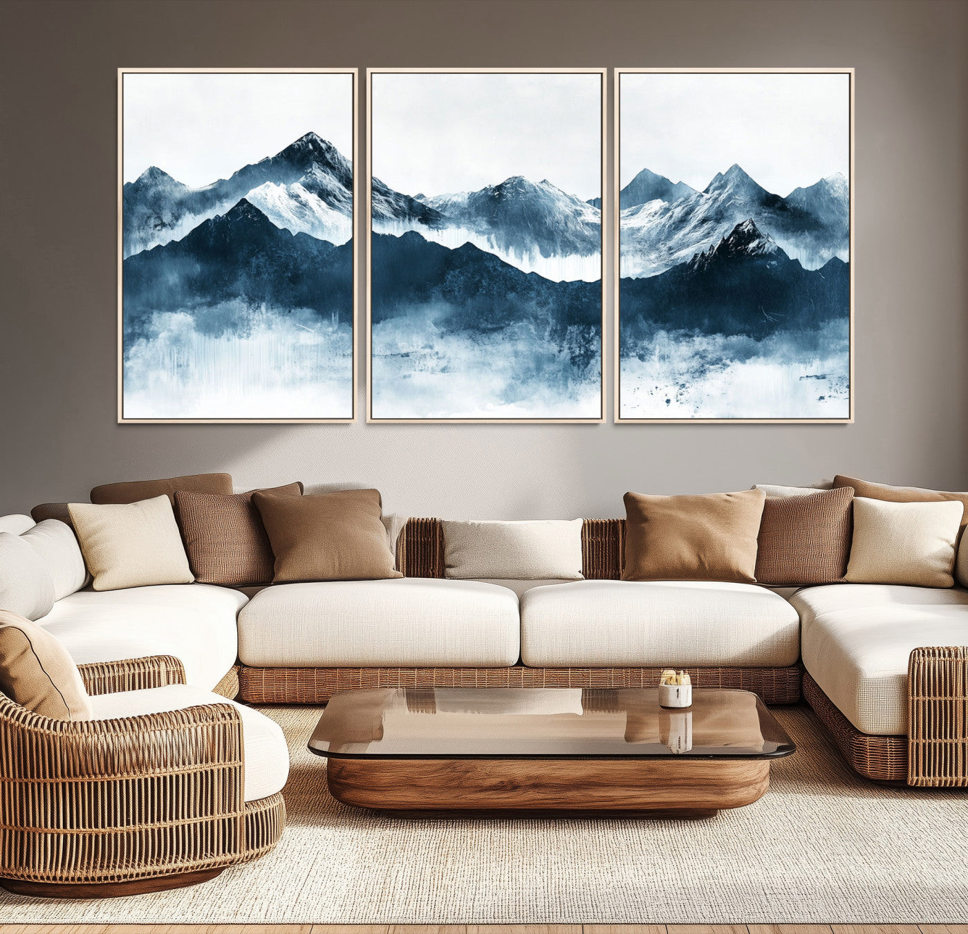 Abstract blue-toned canvas of snowy mountains in misty tones, ideal for minimalist or moody alpine-inspired home decor.
