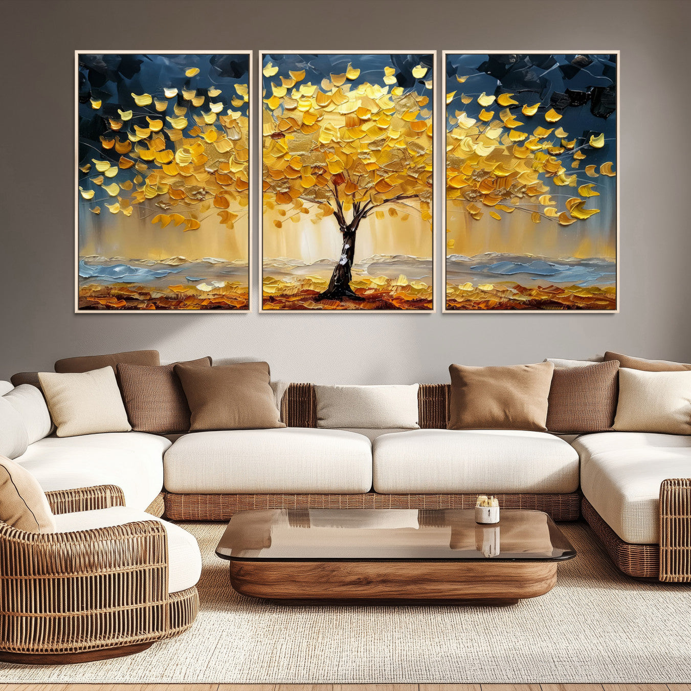 Canvas of a golden autumn tree with textured brushstrokes and moody blue skies, perfect for dramatic and vibrant home decor.