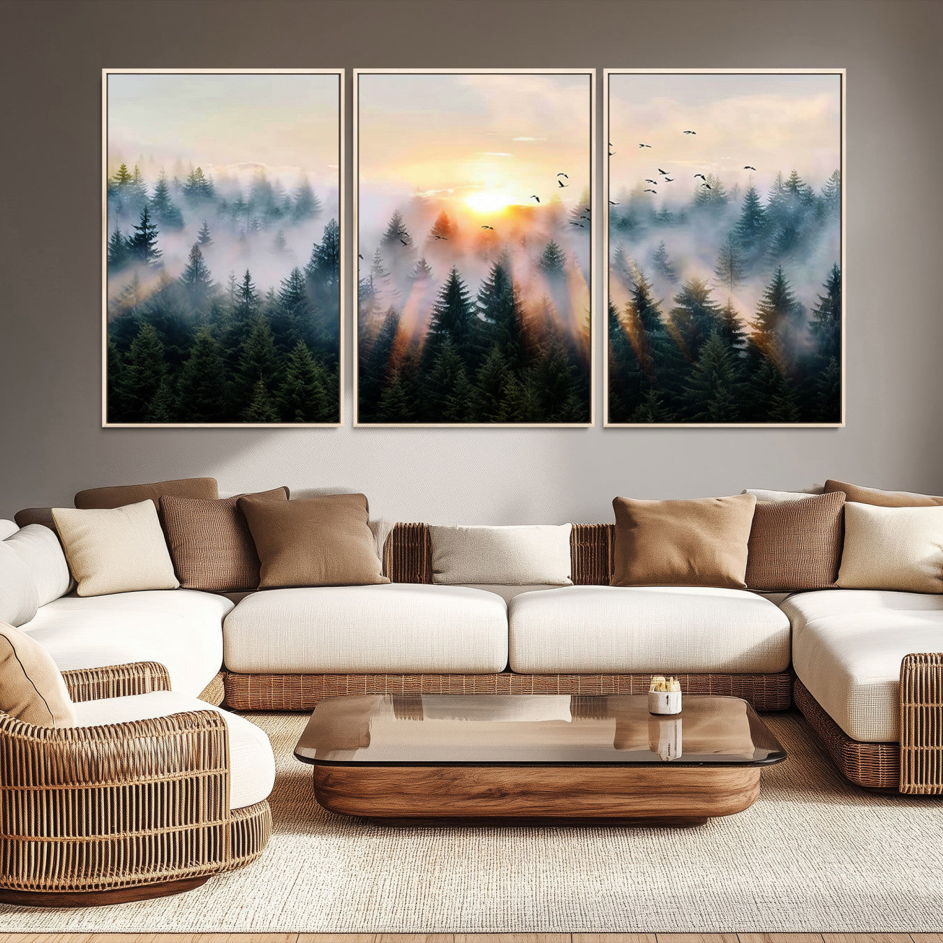 Canvas of a misty pine forest at sunrise with birds flying through golden morning rays, perfect for serene and moody woodland-style home decor.