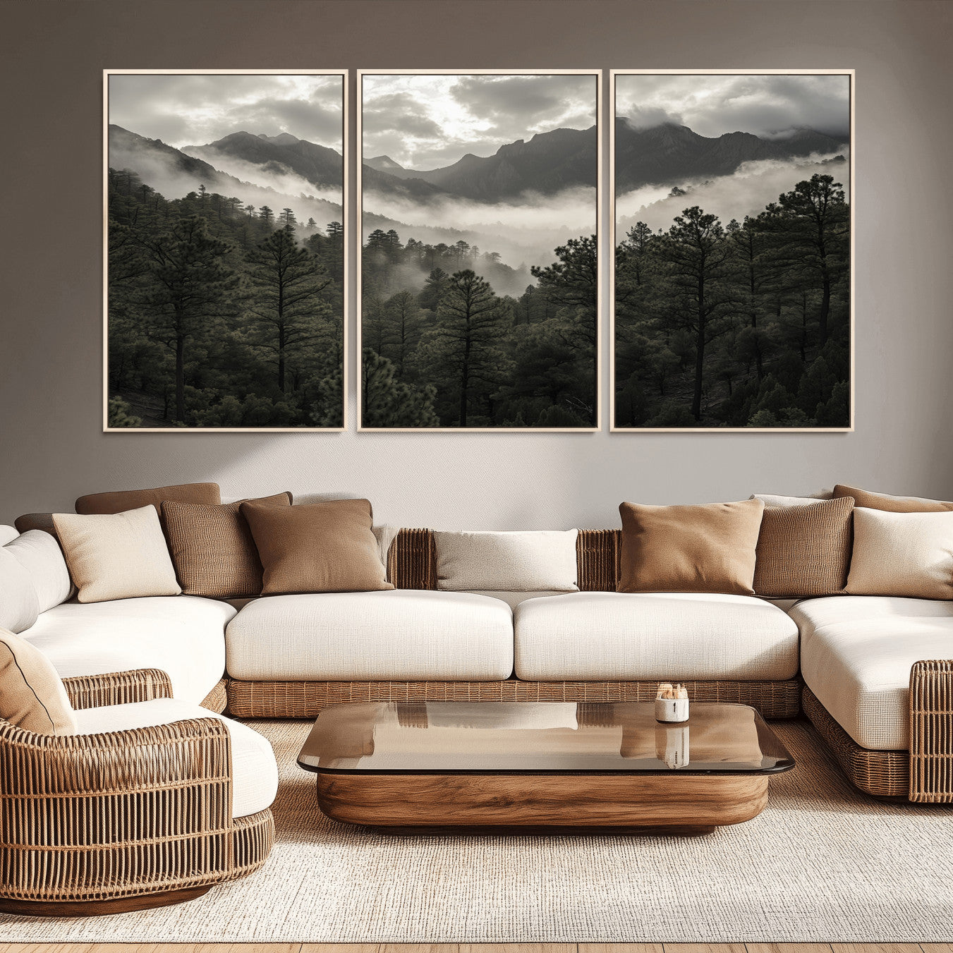 MGV-FC-60X30-3P - Misty Mountain Forest Wall Art – Canvas Print of Cloudy Peaks, Tranquil Pines, Enchanted Landscape, Majestic Nature Decor for Home or Office