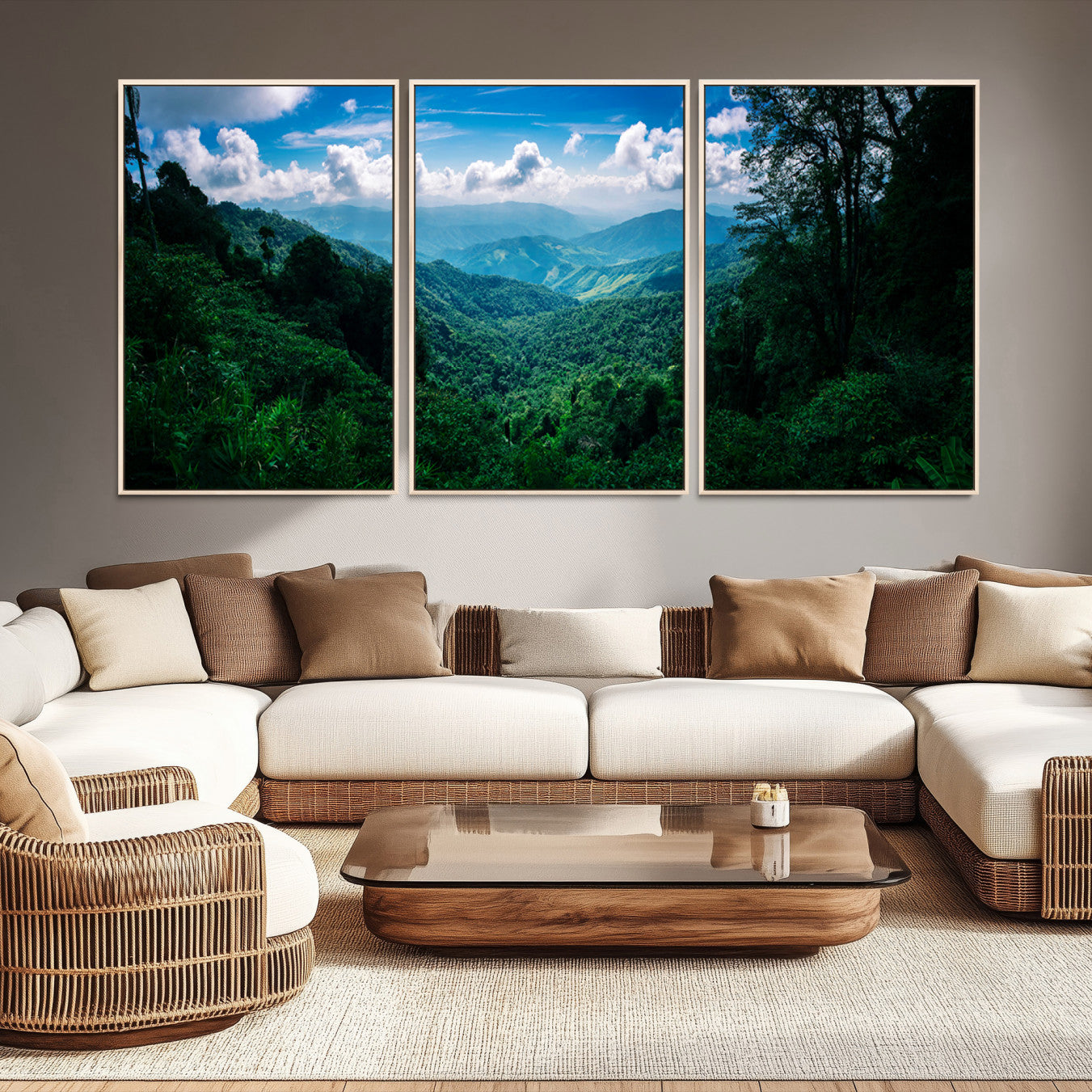 Canvas of a misty tropical jungle with vibrant greenery and layered blue mountains, ideal for exotic nature-themed wall décor.
