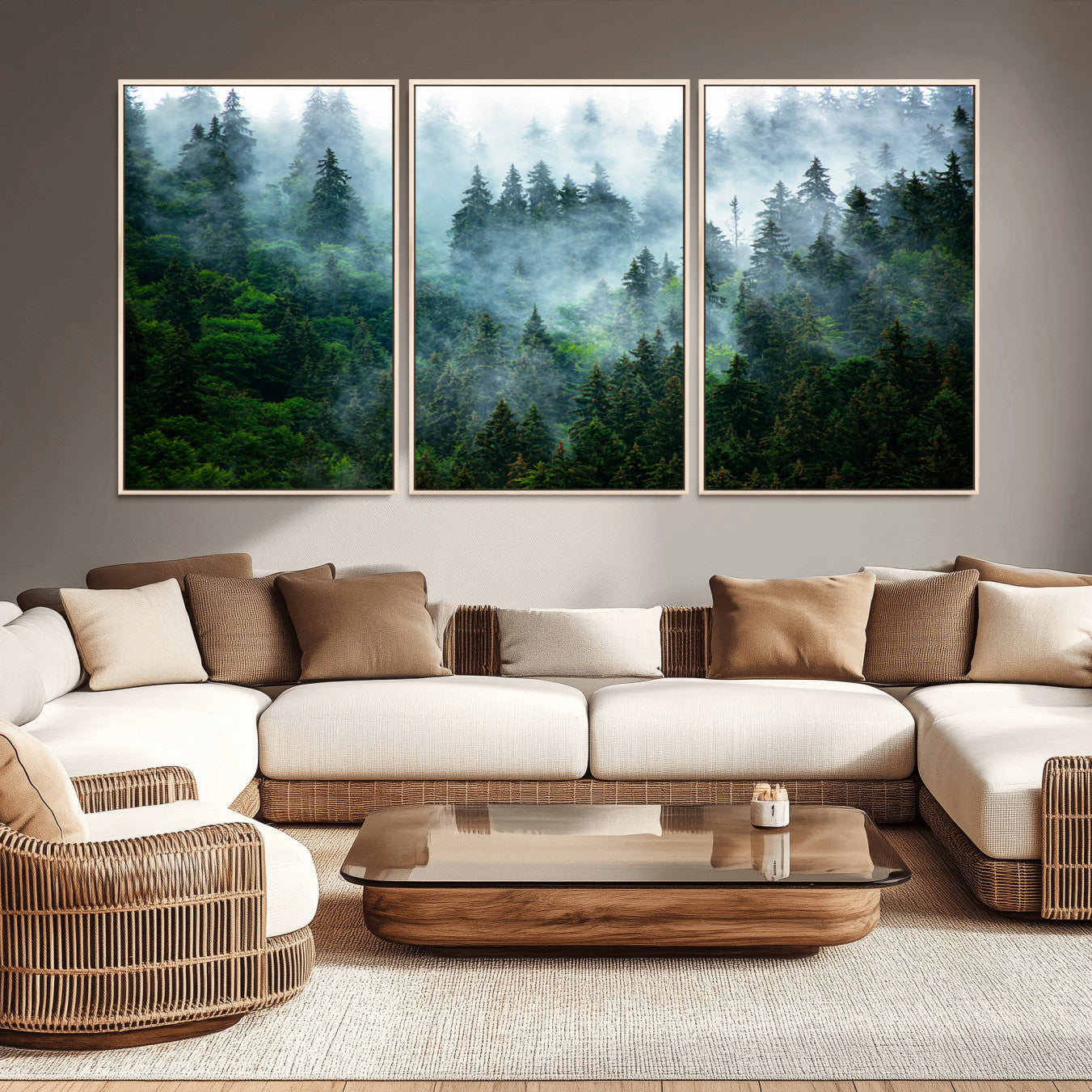 17393683-MGV-FC-60X30-3P_Natural-Misty Forest Wall Art Canvas Print – Framed Foggy Mountain Scene with Serene Nature Artwork for Home, Office, Living Room