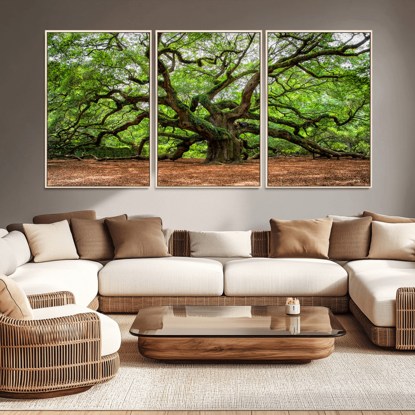 A majestic, ancient tree with expansive, twisting branches spreading wide under a dense, vibrant green canopy in a serene forest clearing.