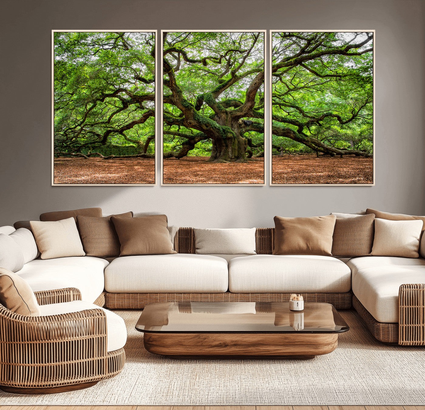 A majestic, ancient tree with expansive, twisting branches spreading wide under a dense, vibrant green canopy in a serene forest clearing.