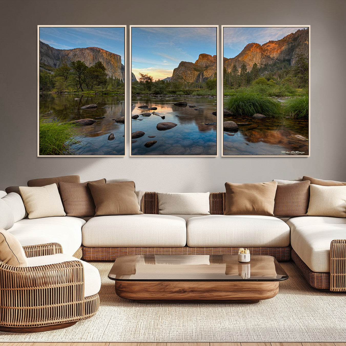 Canvas of Yosemite Valley with El Capitan and sunset reflections in a calm river, perfect for rustic or nature-themed décor.