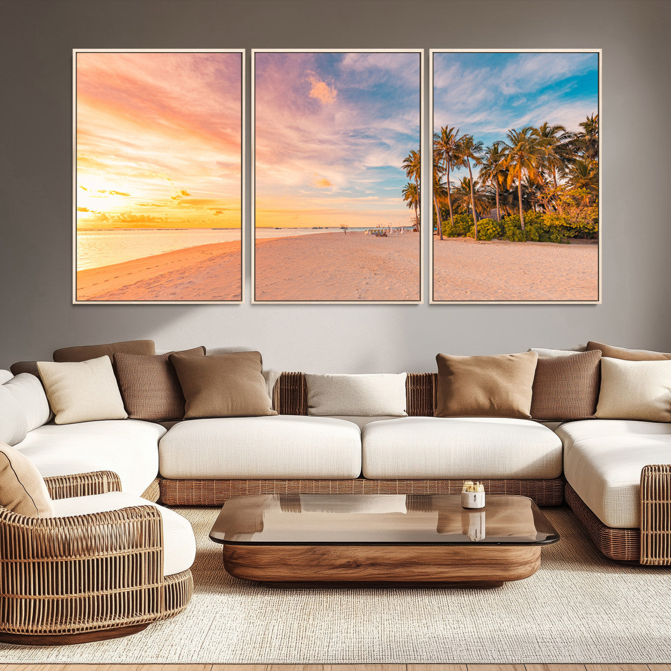 Tropical beach canvas with palm trees and soft sunset tones, ideal for coastal or beach-style home décor in warm pastel hues.