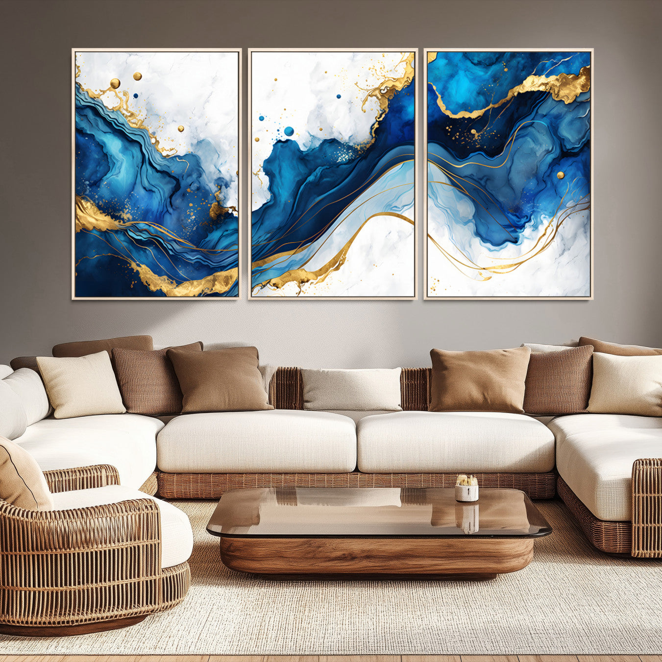33506371-MGV-CV-48X32-3P-Blue Marble Wall Art Canvas Print – Framed Gold Splash Wave Design Modern Abstract Artwork for Home, Office