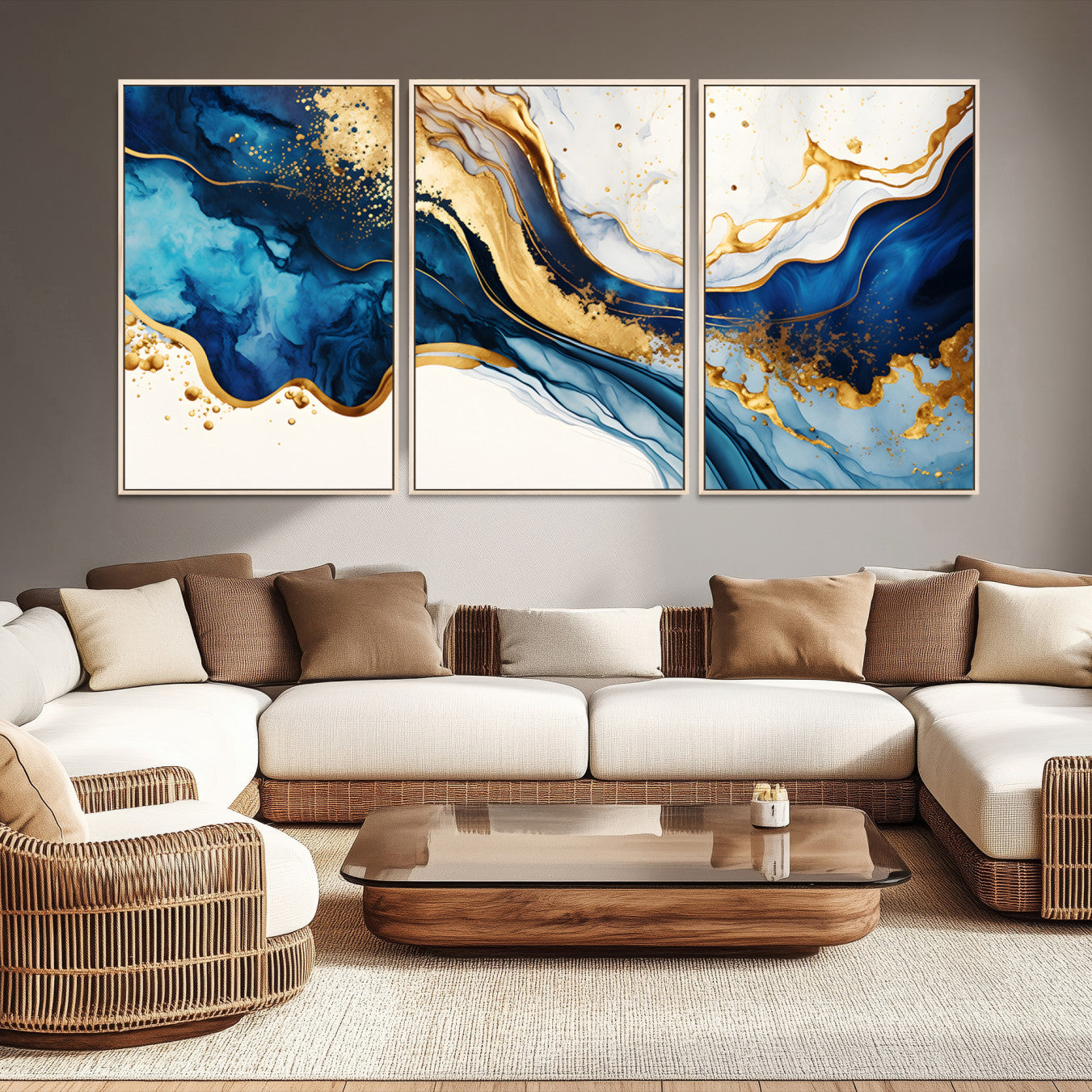 60283636-MGV-CV-48X32-3P-Blue Gold Flow Wall Art Canvas Print – Framed Marble Design Elegant Splash Abstract Artwork for Home, Office