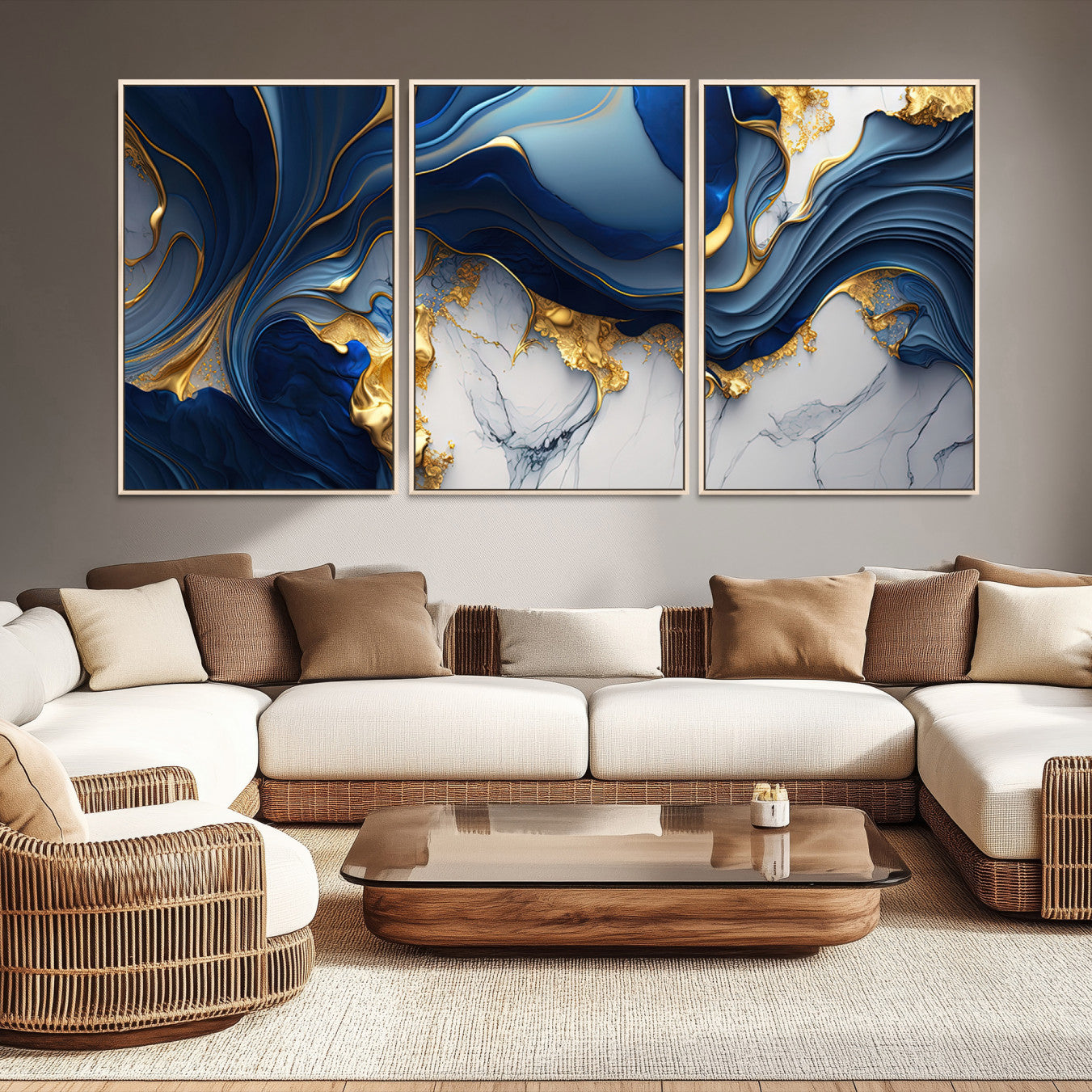 59970794-MGV-CV-48X32-3P-Blue Marble Wall Art Canvas Print – Framed Gold Veins Abstract Flow Elegant Modern Artwork for Home, Office
