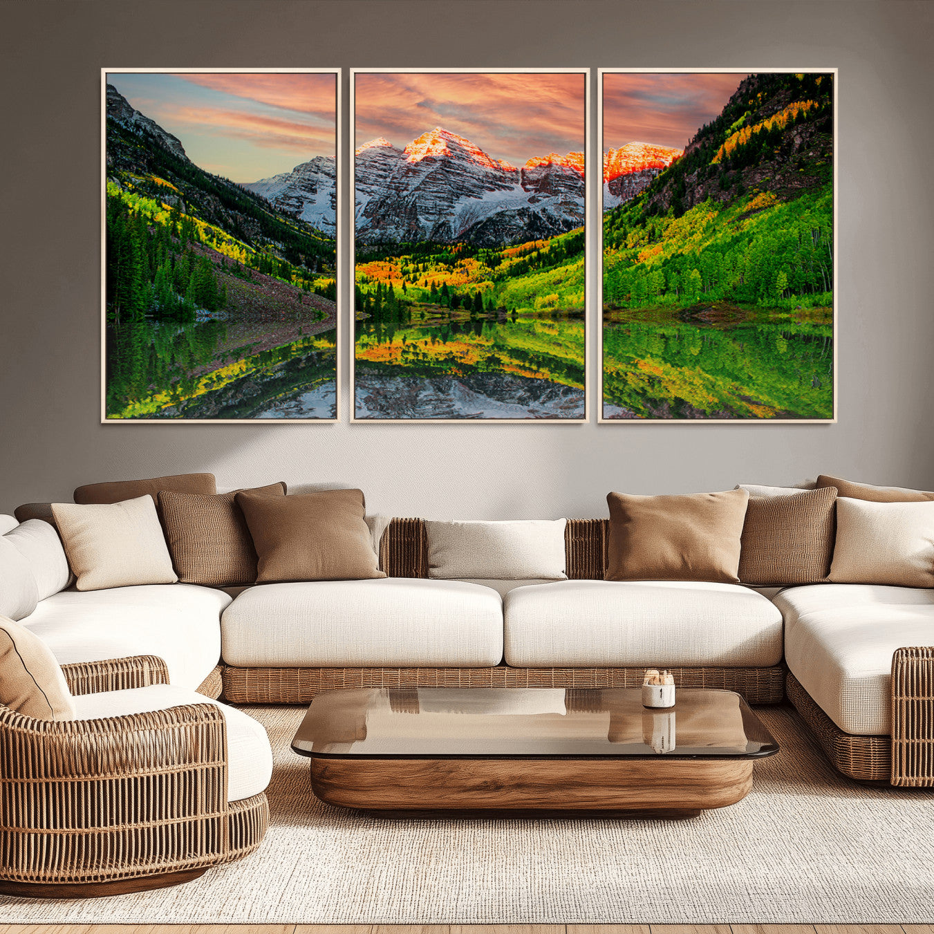 59533484-MGV-CV-36X24-Maroon Bells Lake Wall Art Canvas Print – Framed Majestic Colorado Mountain Scene with Autumn Reflection Artwork for Home, Office