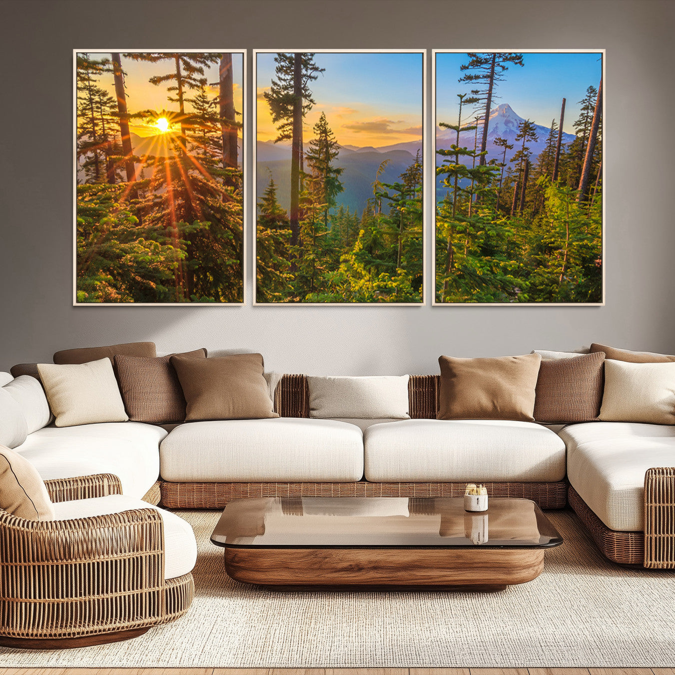 -Forest Sunset Wall Art Canvas Print, Framed Sunset Trees Art Picture Print, Green Pines Perfect
