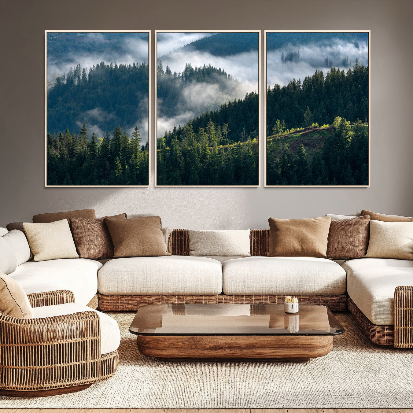 -Misty Forest Wall Art Canvas Print, Framed Pine Hills Art Picture Print, Misty Forest Print,