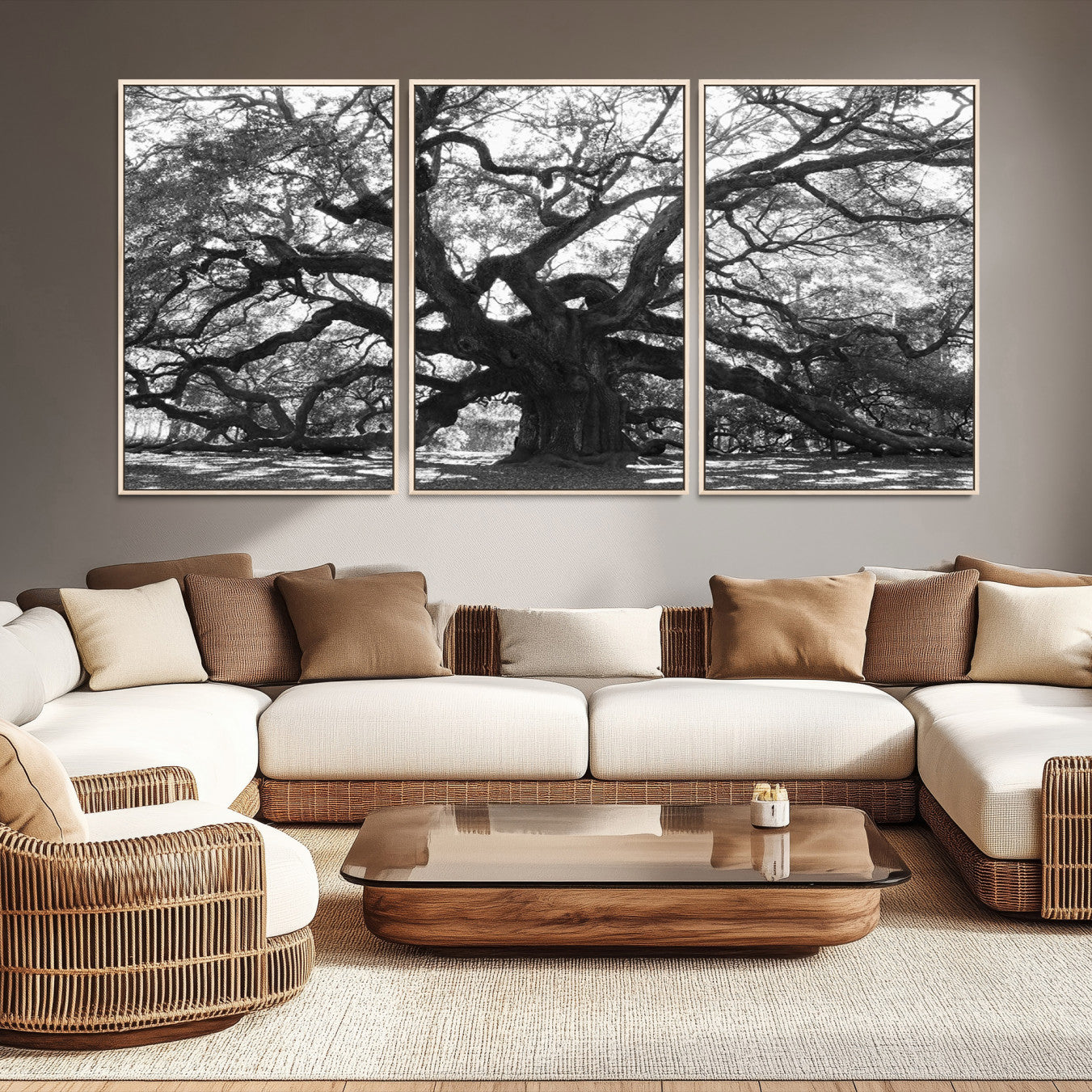Black and white canvas of an ancient oak tree with sprawling, twisted branches, ideal for moody nature-inspired or rustic decor.