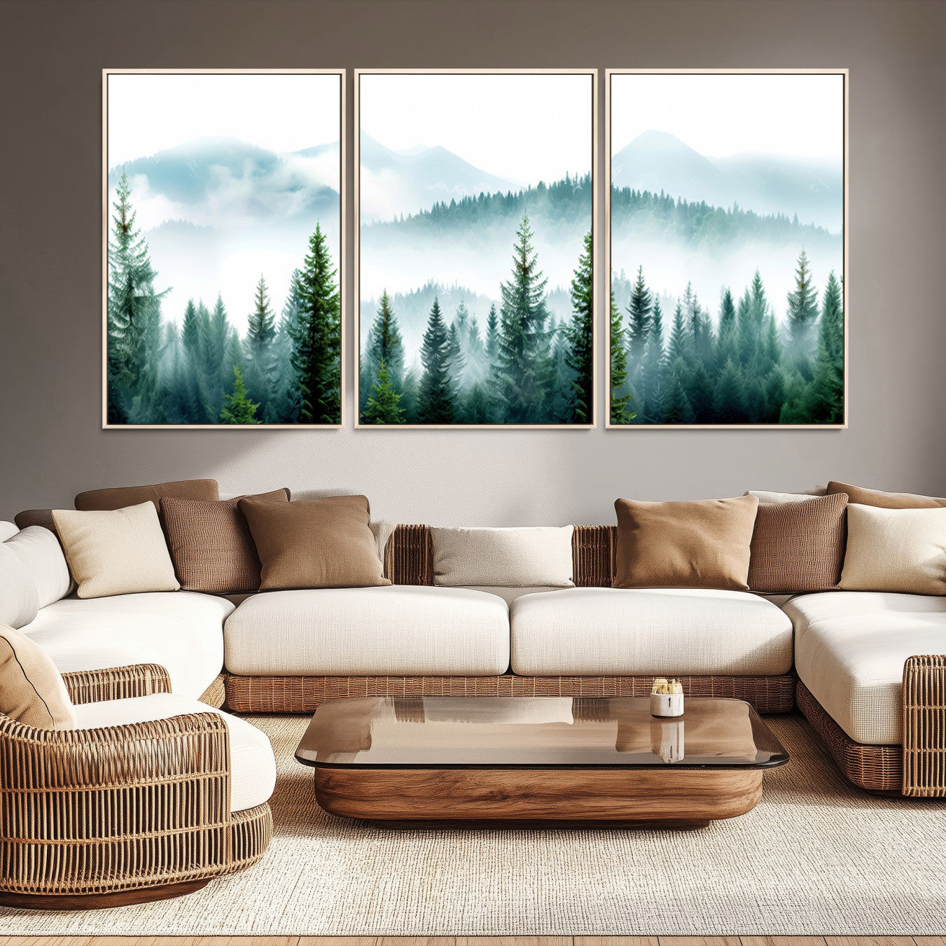 -Pine Forest Wall Art Canvas Print, Framed Misty Mountains Art Picture Print, Foggy Trees Perfect