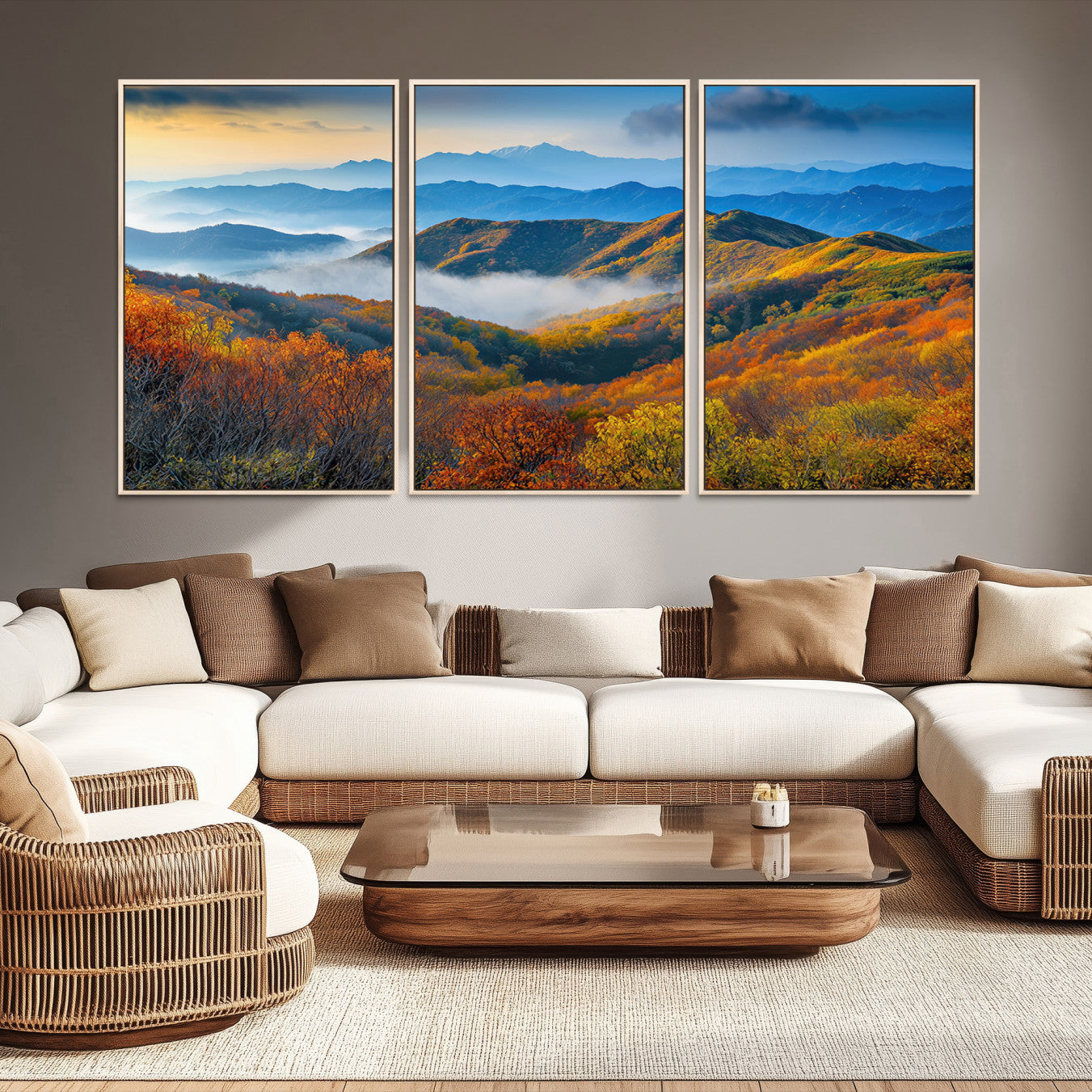 -Autumn Mountains Wall Art Canvas Print, Autumn Mountain Foggy Landscape Wall Art Canvas Print,