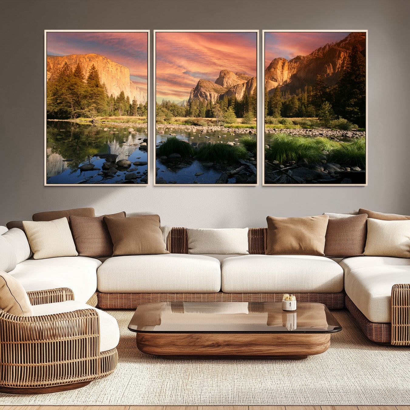 -Yosemite Valley Canvas Wall Art, Framed El Capitan Art Picture Print, Sunset Sky Perfect Vibrant