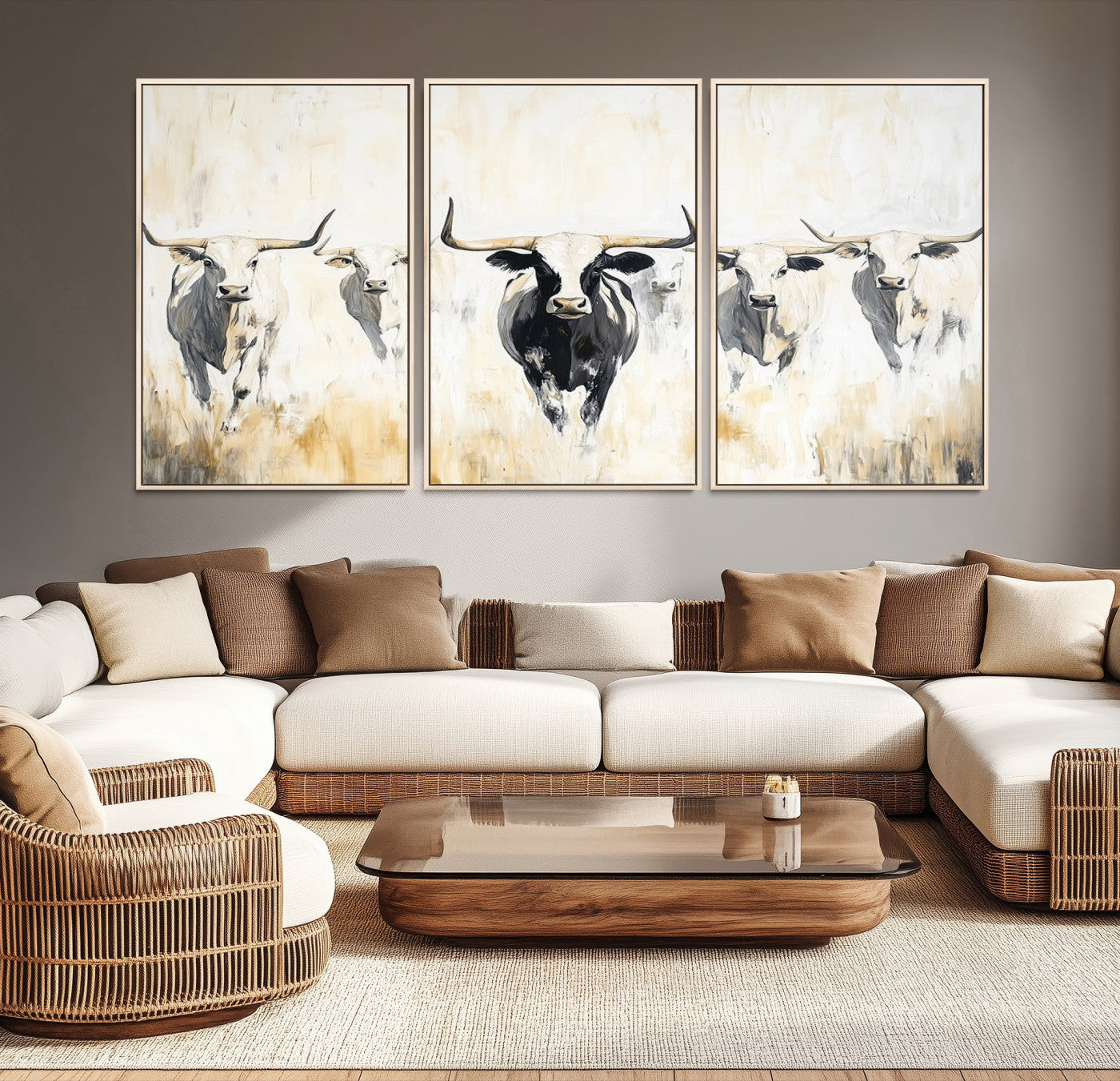 40397799-MGV-CV-36X24-Texas Longhorn Wall Art Canvas Print – Rustic Western Bull Herd Neutral Tones Country Ranch Artwork for Home Office