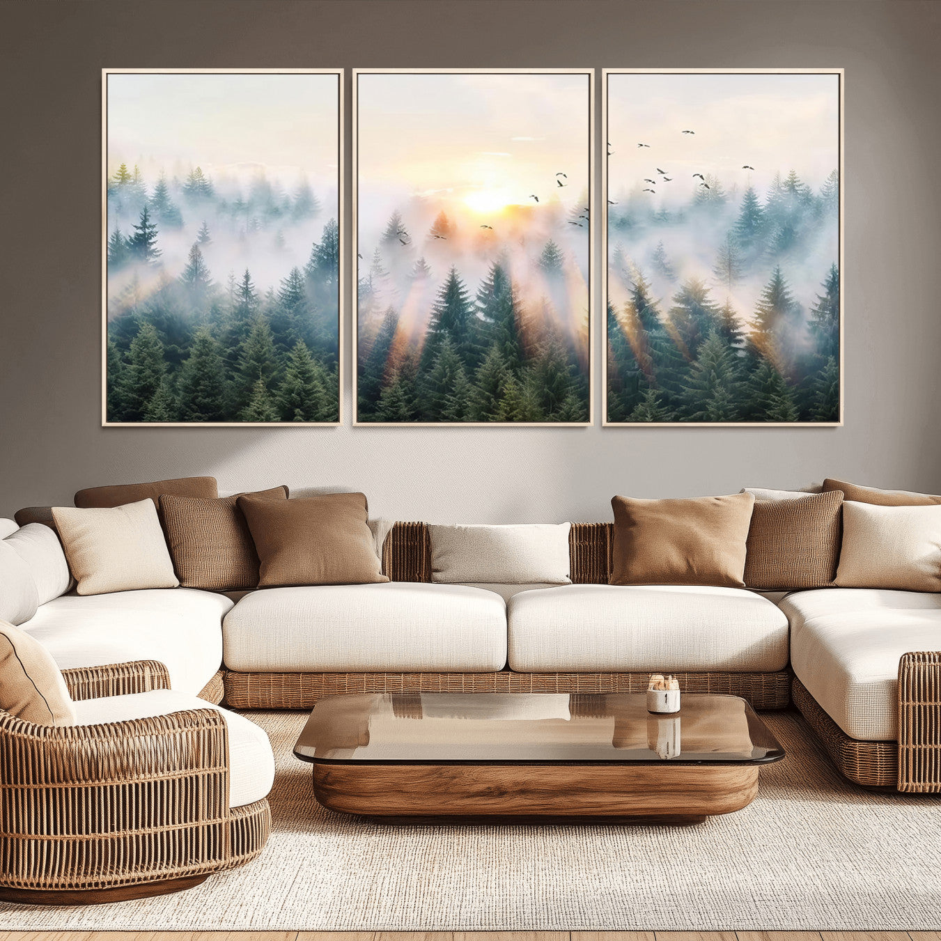 92718976-MGV-CV-36X24-Misty Pine Forest Wall Art Canvas, Sunrise Over Foggy Trees Canvas for Home - Office, Framed