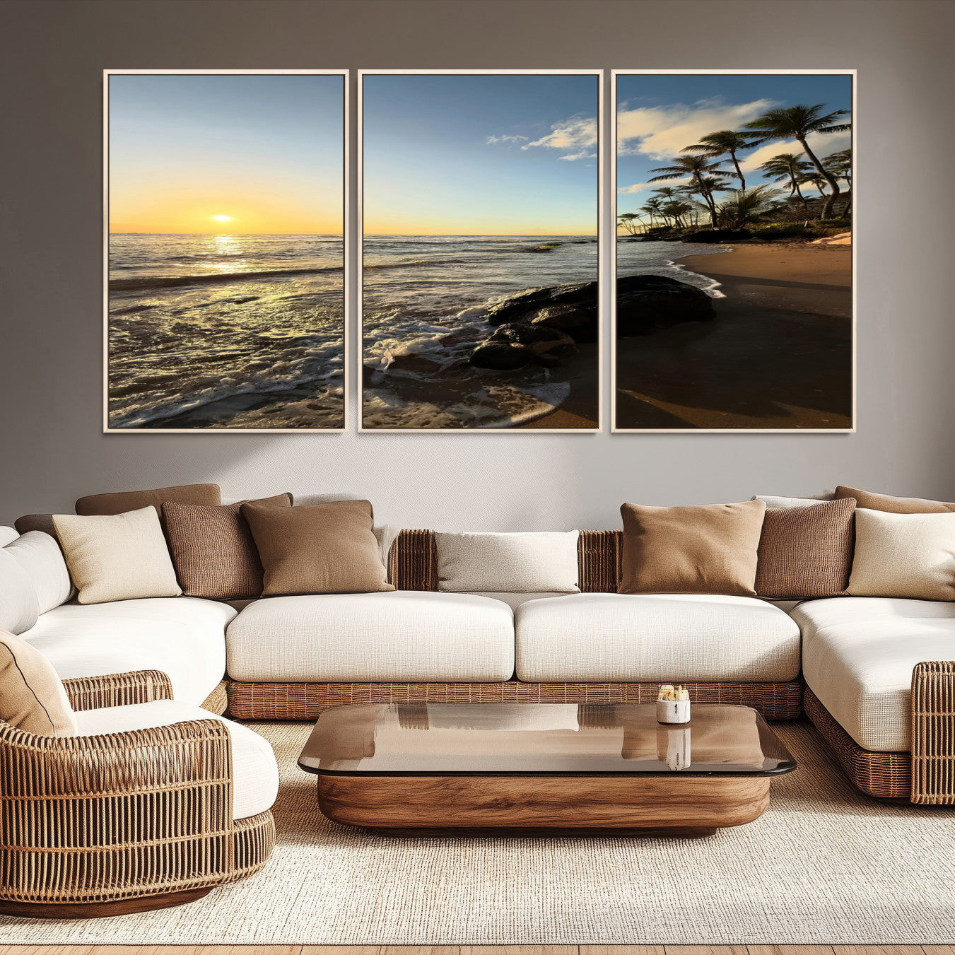 Canvas of a golden sunset on a tropical beach with palm trees and calm waves, perfect for coastal or island-themed home decor.