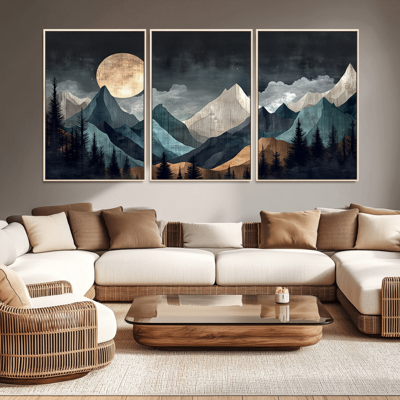 11060882-MGV-CV-36X24-Moonlit Mountain Wall Art Canvas Print – Silhouetted Pines Layered Peaks Tranquil Sky Mist Silver Light Nature Artwork for Home