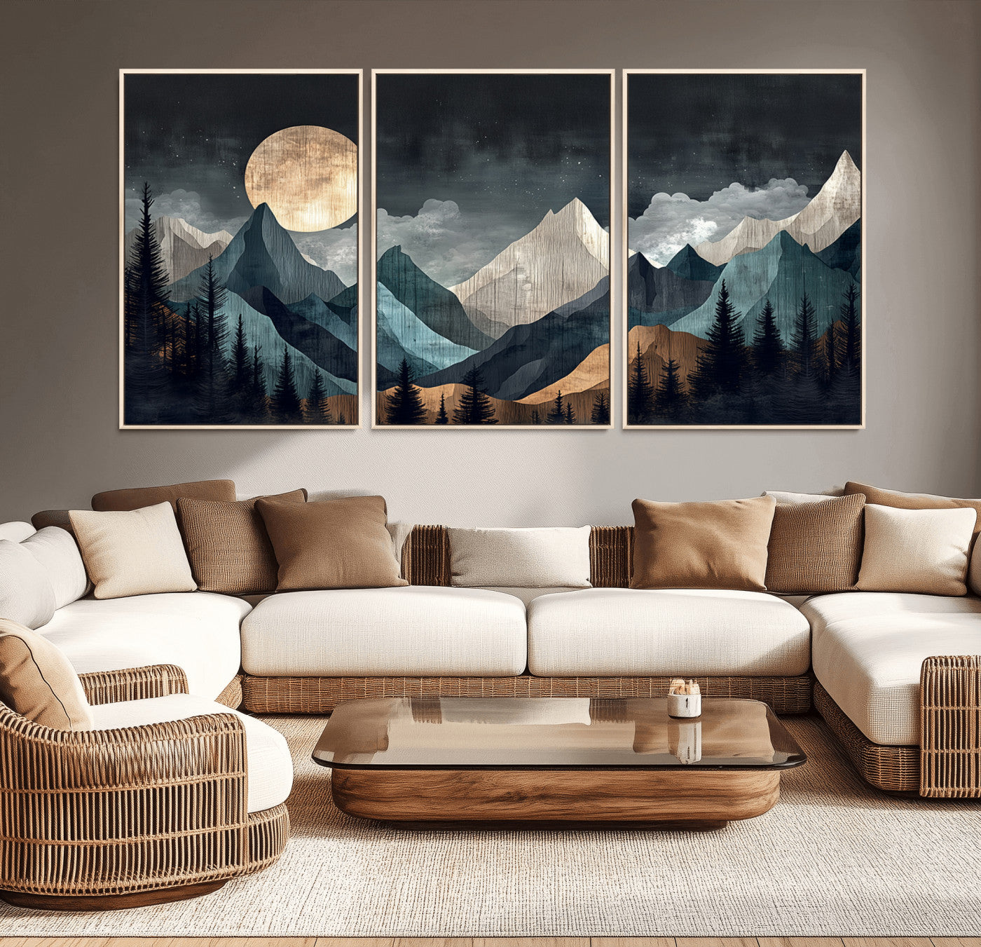 11060882-MGV-CV-36X24-Moonlit Mountain Wall Art Canvas Print – Silhouetted Pines Layered Peaks Tranquil Sky Mist Silver Light Nature Artwork for Home