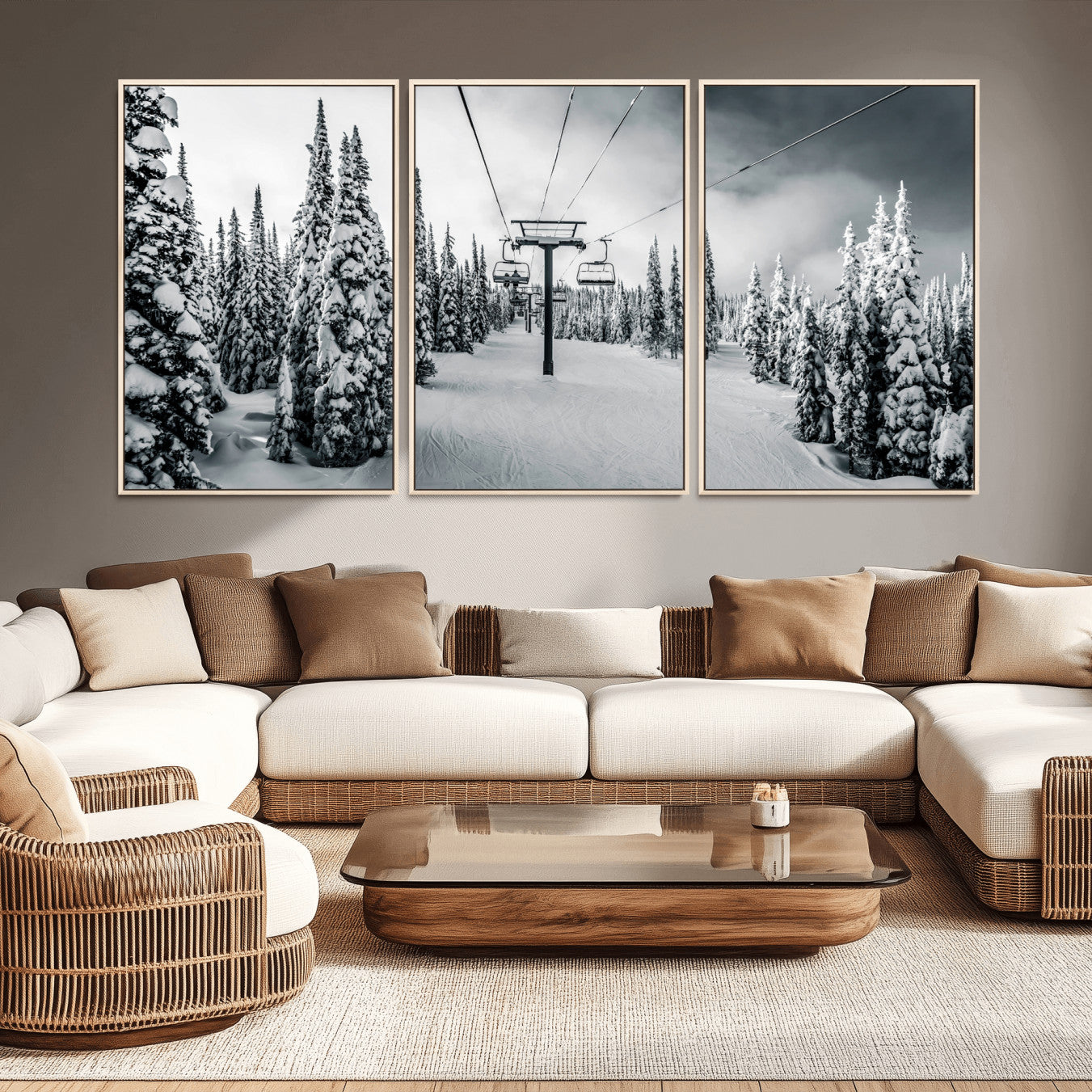 31156828-MGV-CV-36X24-Snowy Pines Wall Art Canvas Print – Framed Ski Lift Winter Forest Snowy Landscape Moody Lodge Artwork for Home, Office