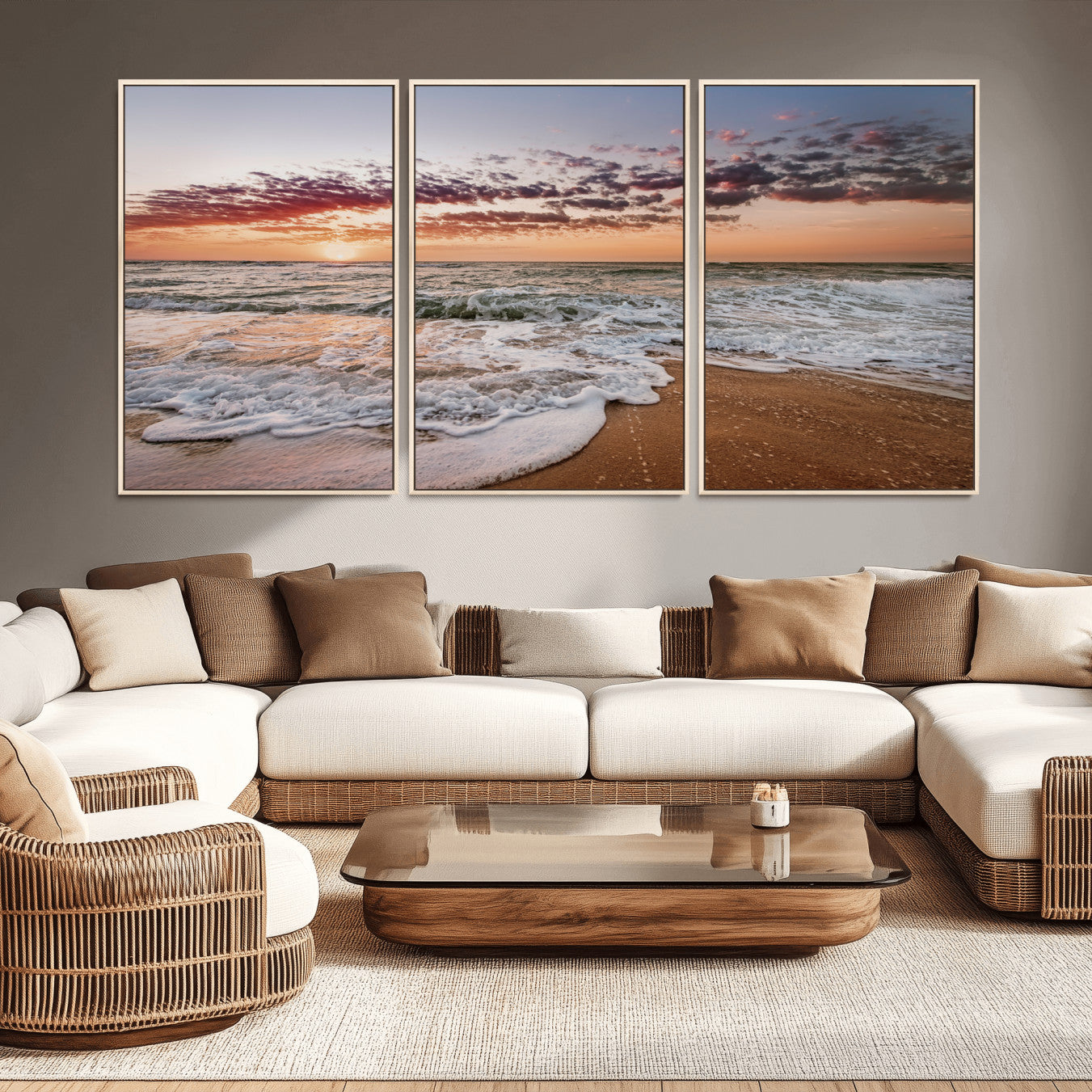 39846389-MGV-CV-36X24-Ocean Sunset Wall Art Canvas Print – Framed Sandy Shore Gentle Waves Coastal Landscape Minimalist Artwork for Home, Office