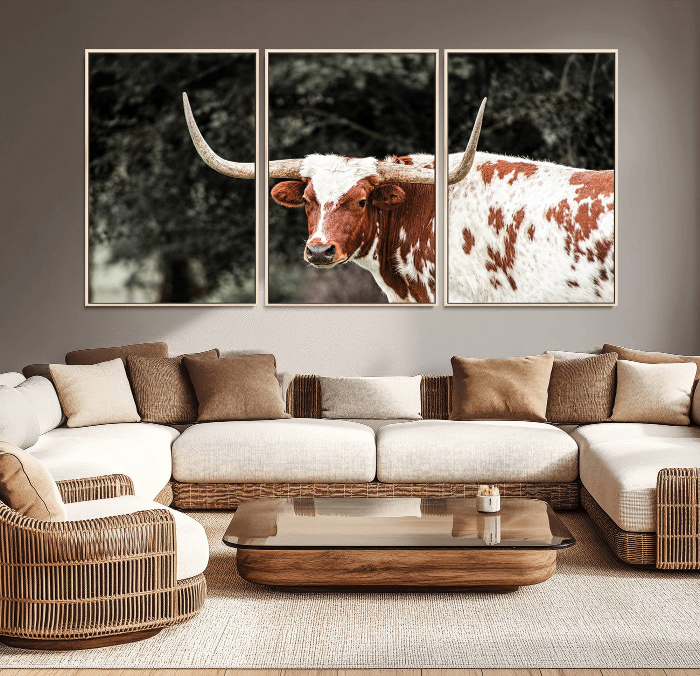-Texas Longhorn Wall Art Canvas Print, Framed Spotted Cow Art Picture Print, Horned Bull Perfect Rustic Western Decor Artwork