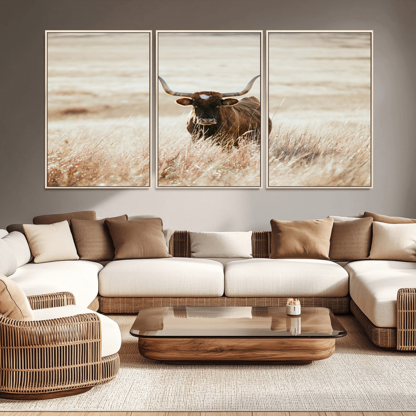 -Texas Longhorn Wall Art Canvas Print, Framed Brown Cattle Art Picture Print, Horned Bull Perfect Rustic Western Decor Artwork