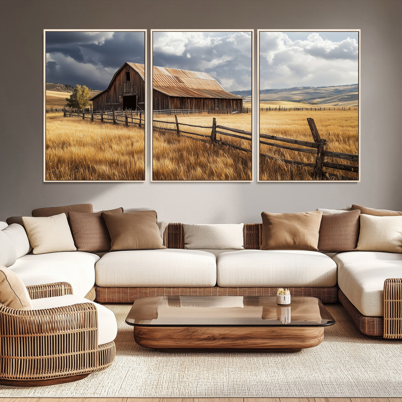 38758826-MGV-CV-36X24-Rustic Barn Wall Art Canvas Print – Framed Moody Barn Golden Field Countryside Farmhouse Landscape Artwork for Home Office