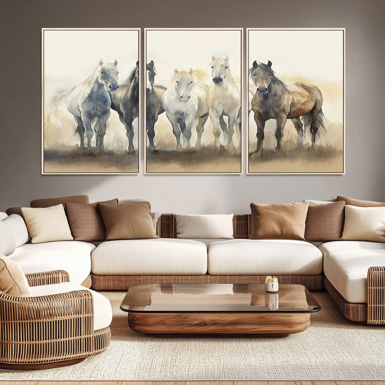 Watercolor illustration of five wild horses in soft neutral tones, perfect for rustic or western-style home decor with a calming natural vibe.