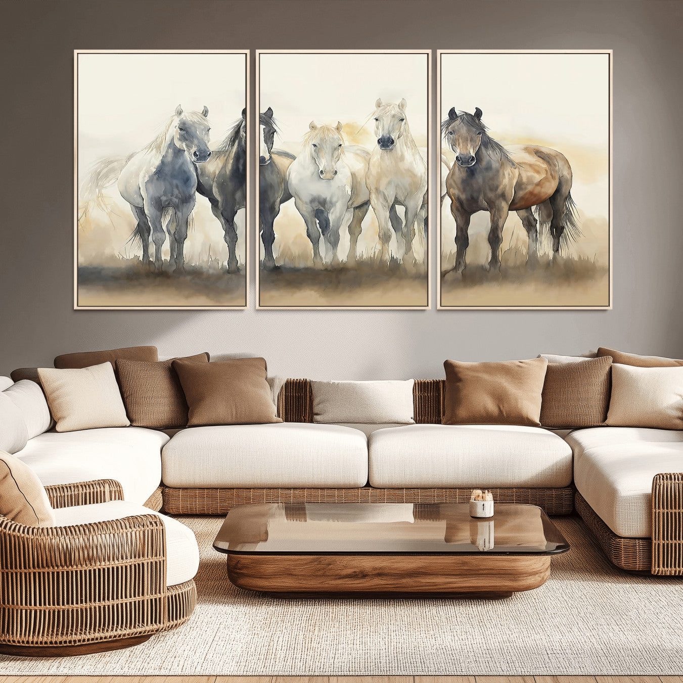 MGV-FC-60X30-3P - Wild Horses Wall Art Canvas Print, Framed Running Horses Art Picture Print, Watercolor Horses Perfect Rustic Western Decor Artwork